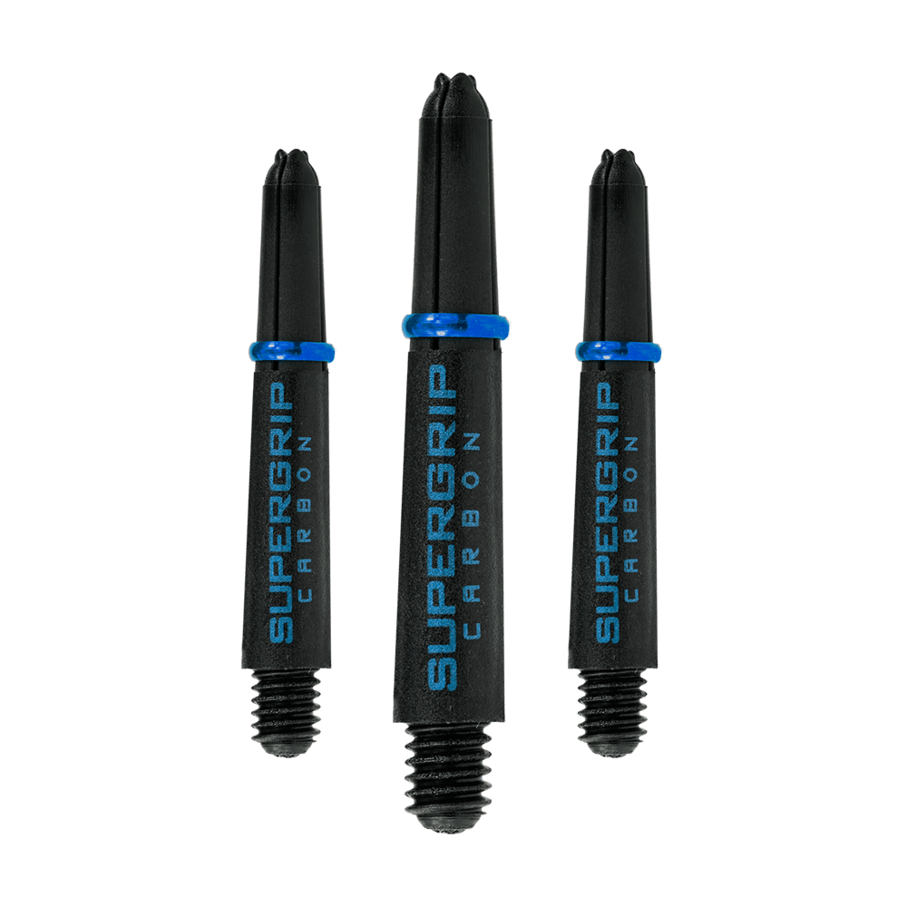 HR363_Harrows_Supergrip_Carbon_Shafts_Aqua_33mm_1wR71flaYlFaPR Das Bild zeigt drei Harrows Supergrip Carbon Shafts in der Farbe Aqua. Die Dartschäfte sind schwarz mit blauer Aufschrift und einem blauen Ring.