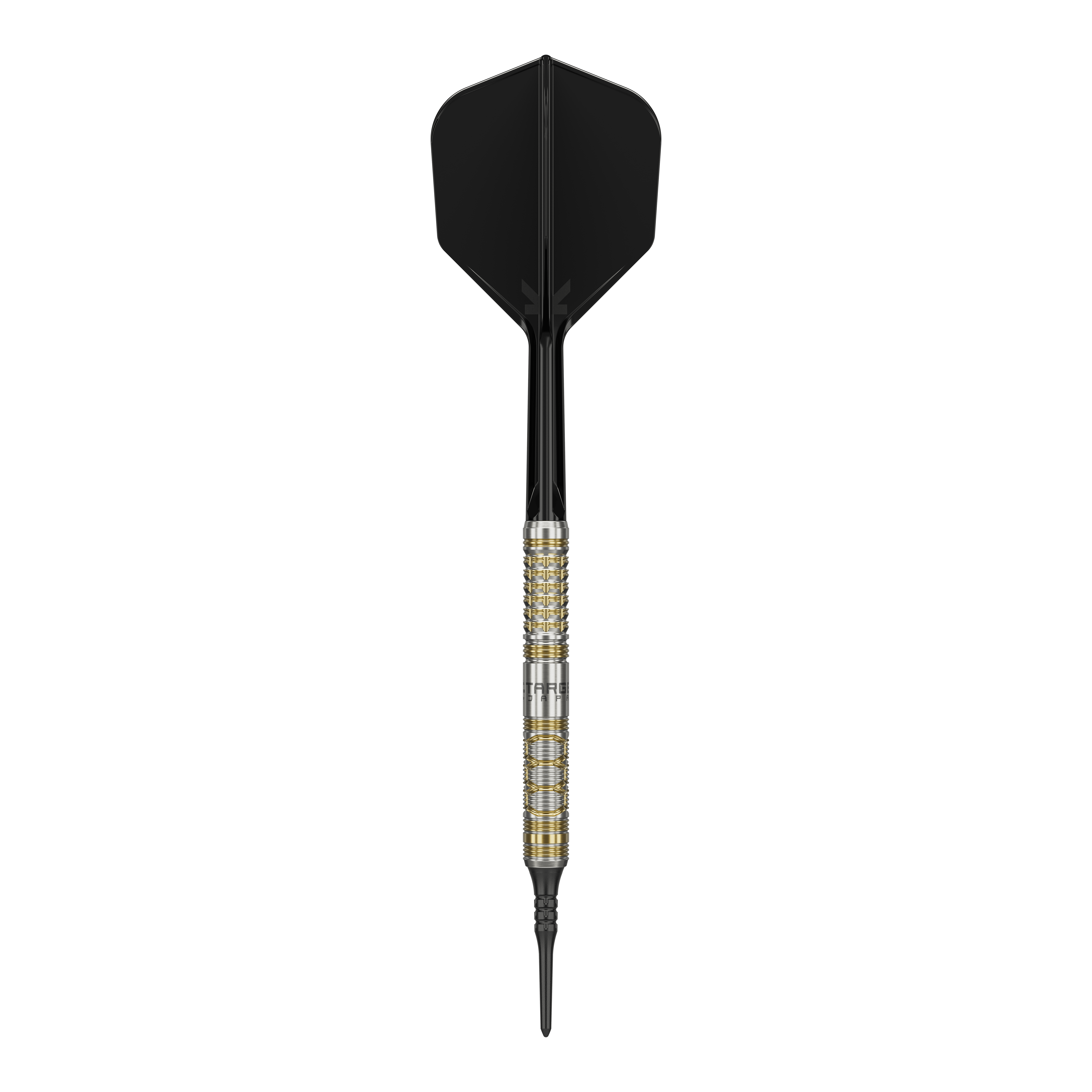 Target Japan Black Marque Reyn GEN2 Soft Darts - 17.5g Auf dem Bild ist ein Softdartpfeil des Modells "Target Japan Black Marque Reyn GEN2 Softdarts - 17,5g" zu sehen. Er hat eine silberne und goldene Griffzone sowie schwarze Flights und Spitze.