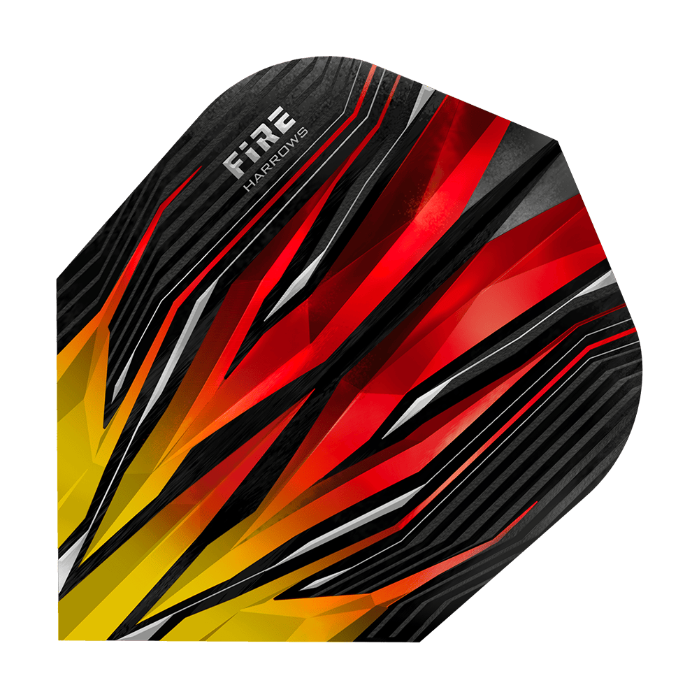 HR3_Harrows_Fire_Two-Tone_Standard_Flights_1hOGsEJynIT3aB Das Bild zeigt das Produkt "Harrows Fire Two-Tone Standard Flights". Das Design ist auffällig mit roten, gelben und schwarzen Flammenmustern gestaltet.