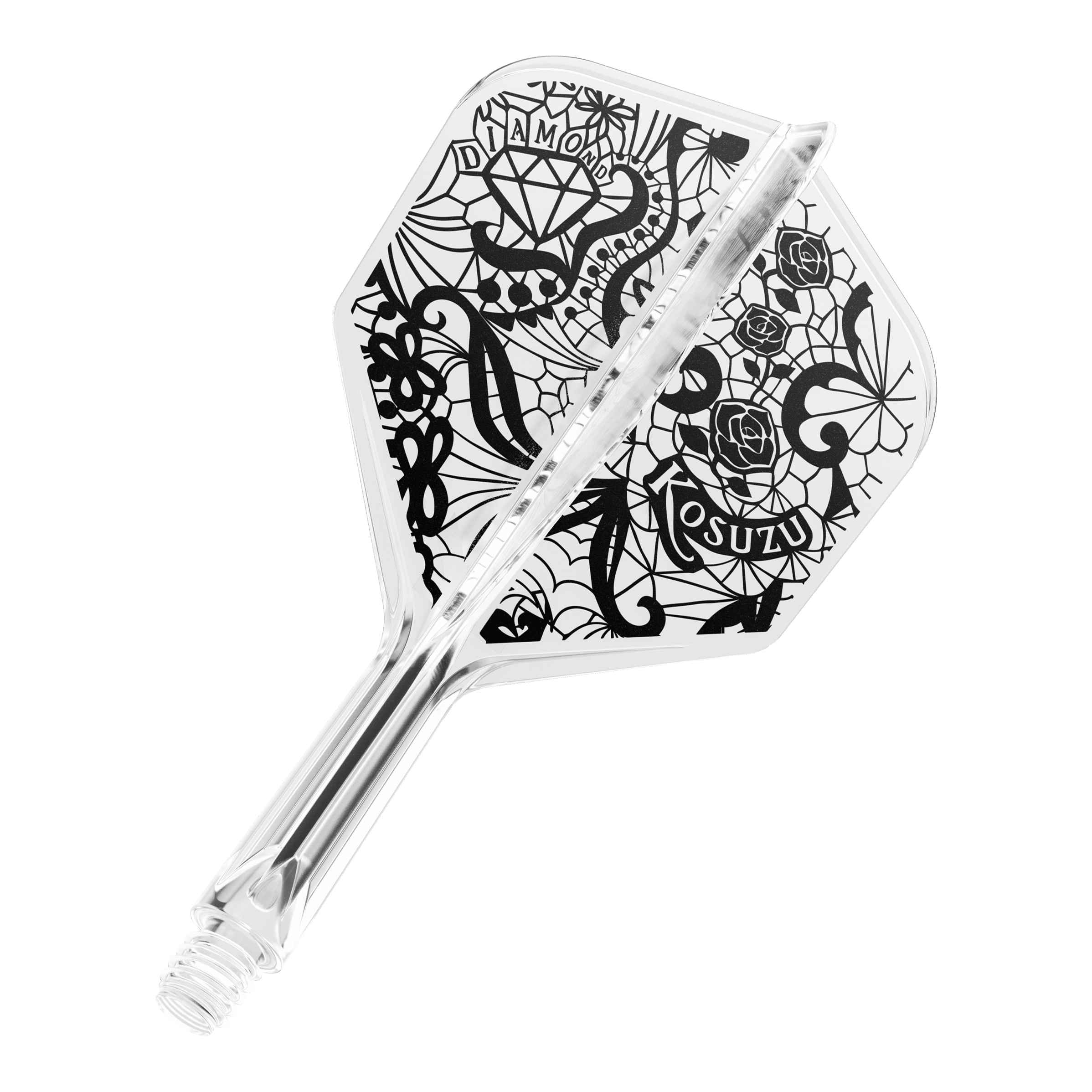 Target Japan K-Flex Diamond No6 Flight Shaft System Dies ist ein klarer Dartflight mit einem schwarzen, kunstvollen Design, das Rosen, ein Diamant und Netzmuster zeigt. Das System ist einteilig und hat ein Schraubgewinde am Ende.