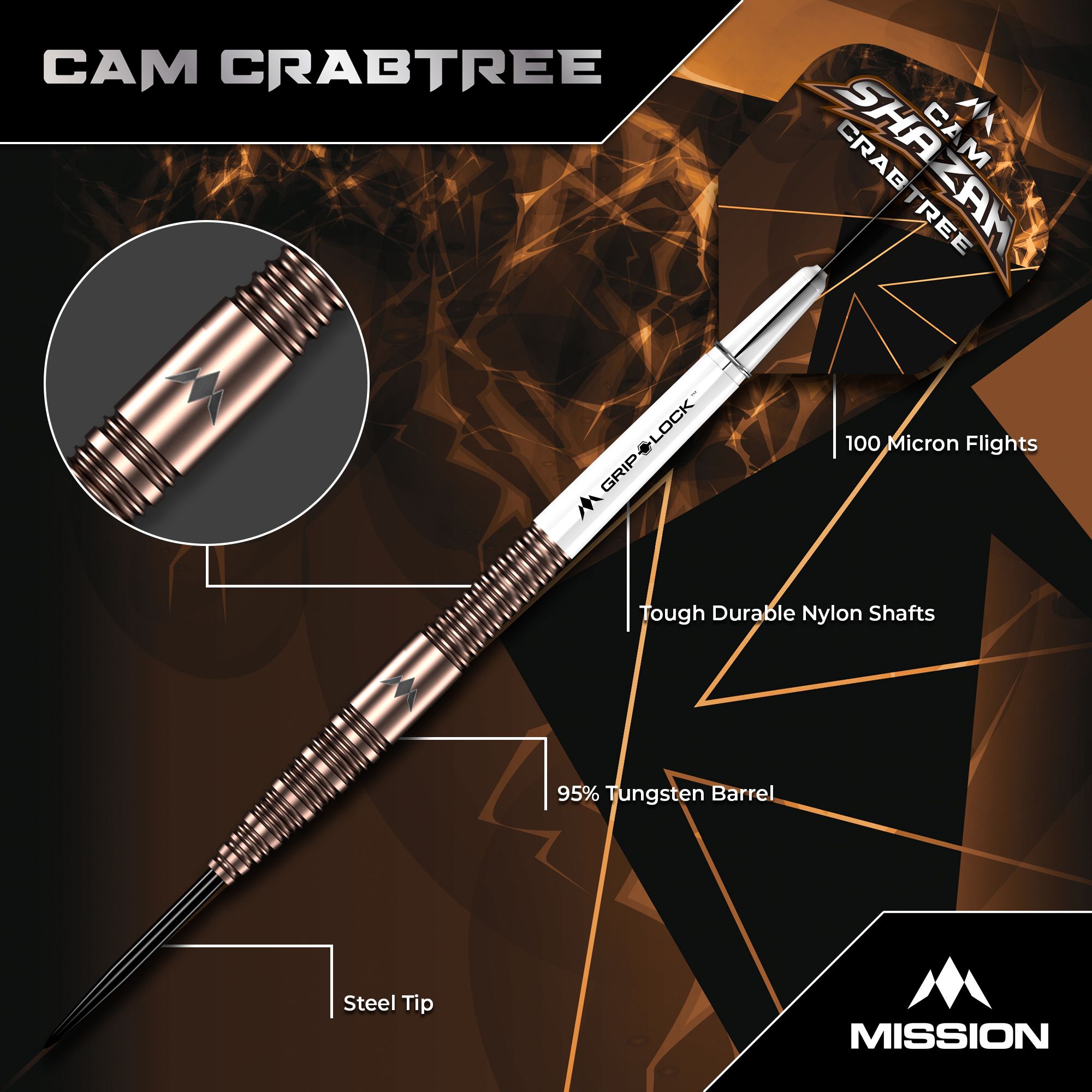 Mission Cam Crabtree V2 95% Tungsten Steel Darts Das Bild zeigt die Mission Cam Crabtree V2 Steeldarts, Modell 1. Zu sehen ist ein Detailfoto eines einzelnen Steeldarts.