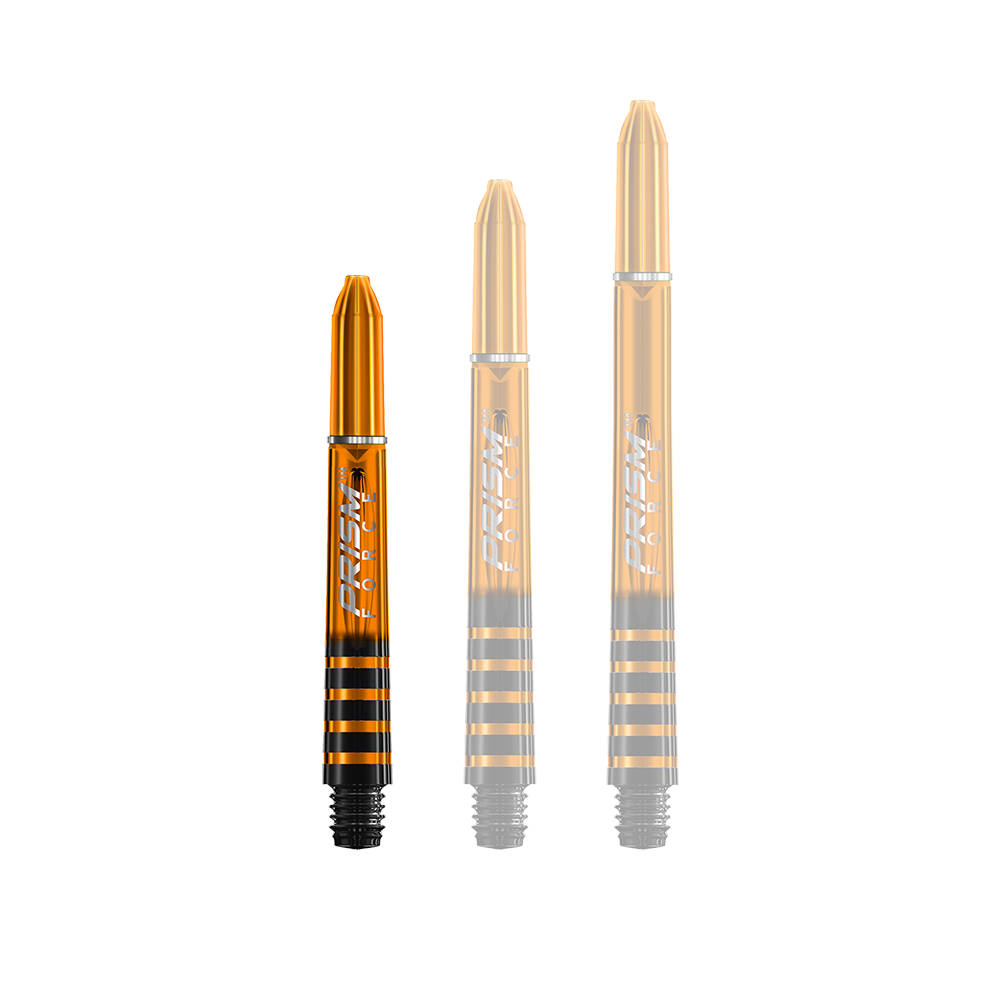 7020-107_Winmau_Prism_Force_Shafts_Orange_35mm_1i6NOQ7AicmdKU Das Bild zeigt drei orangefarbene Winmau Prism Force Shafts in unterschiedlichen Längen. Die Shafts haben schwarze Streifen und silberne Akzente.