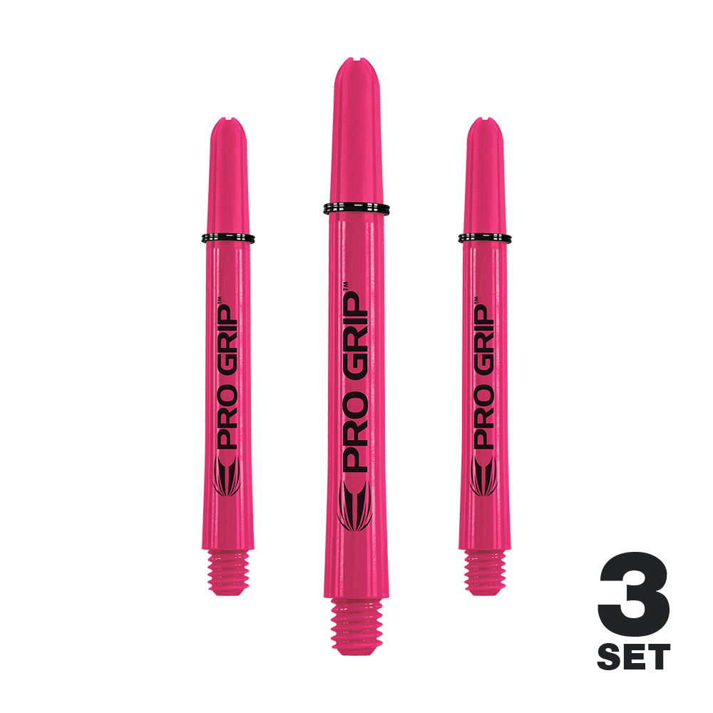 Target Pro Grip Shafts - 3 Sets - Pink Das Bild zeigt drei pinke Pro Grip Shafts für Dartpfeile. In der rechten unteren Ecke steht "3 SET".