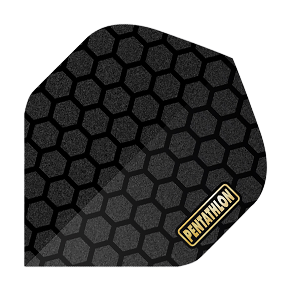 Pentathlon Flights RT Honeycomb Dieses Bild zeigt ein Dartflight mit einem schwarzen Wabenmuster. In der Ecke steht das Wort "PENTATHLON" in gelber Schrift auf einem weißen Hintergrund.