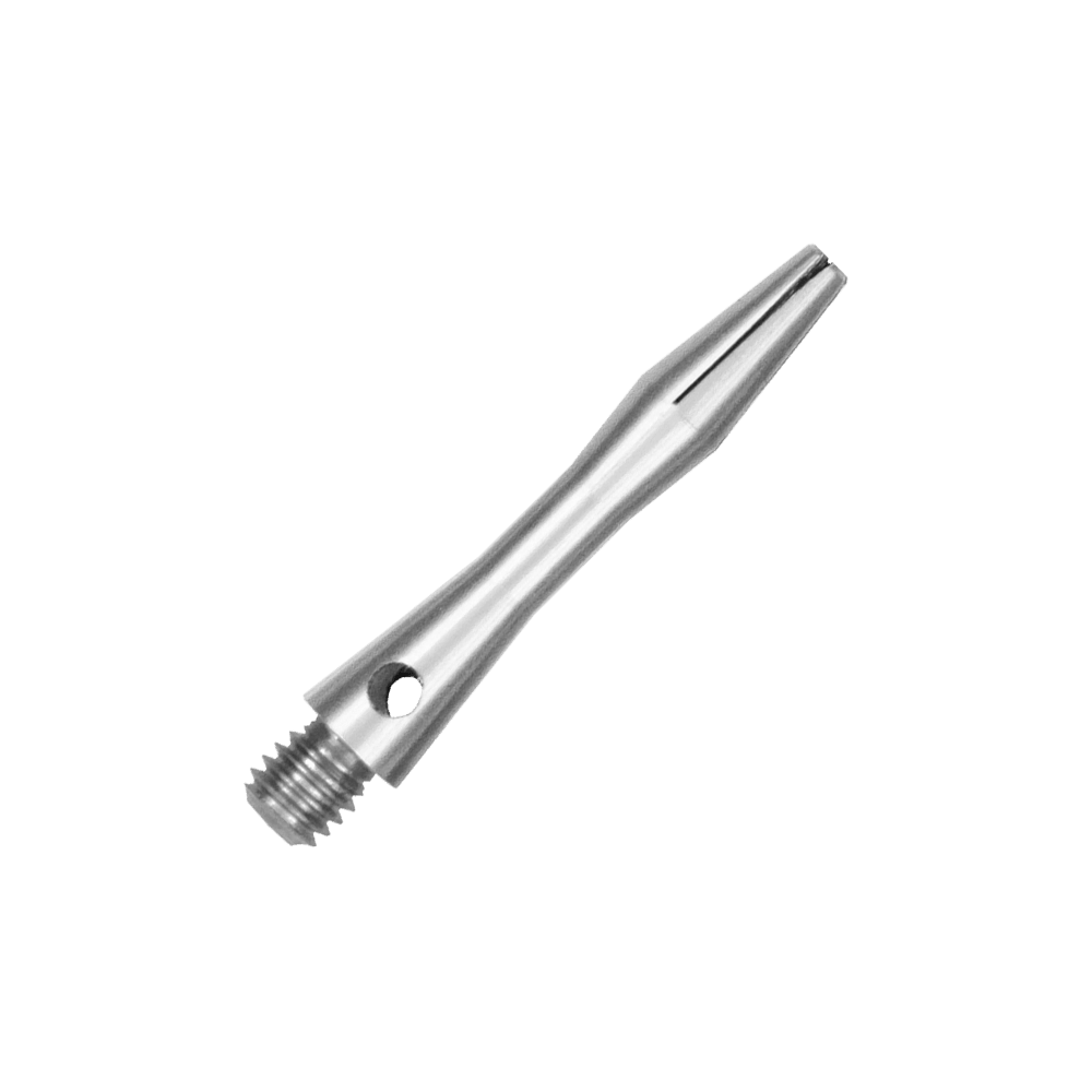 Dies ist ein silberner Aluminiumschaft. Er hat ein schlankes, glänzendes Design mit einem Gewinde am Ende.
