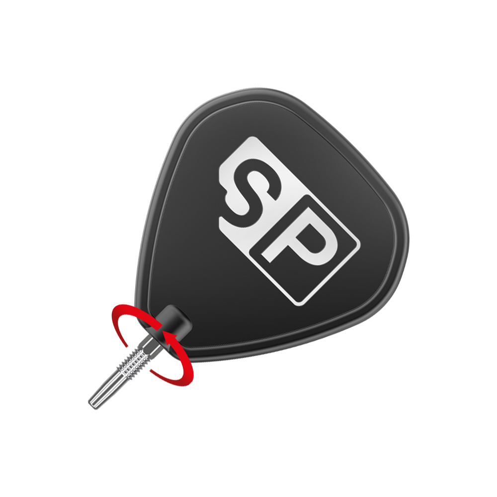 Target Swiss Firepoint Silver dart tips Das Bild zeigt eine schwarze Dartspitze mit der Aufschrift "SP" in Weiß. Neben der Spitze befindet sich ein roter Pfeil, der eine Drehbewegung anzeigt.