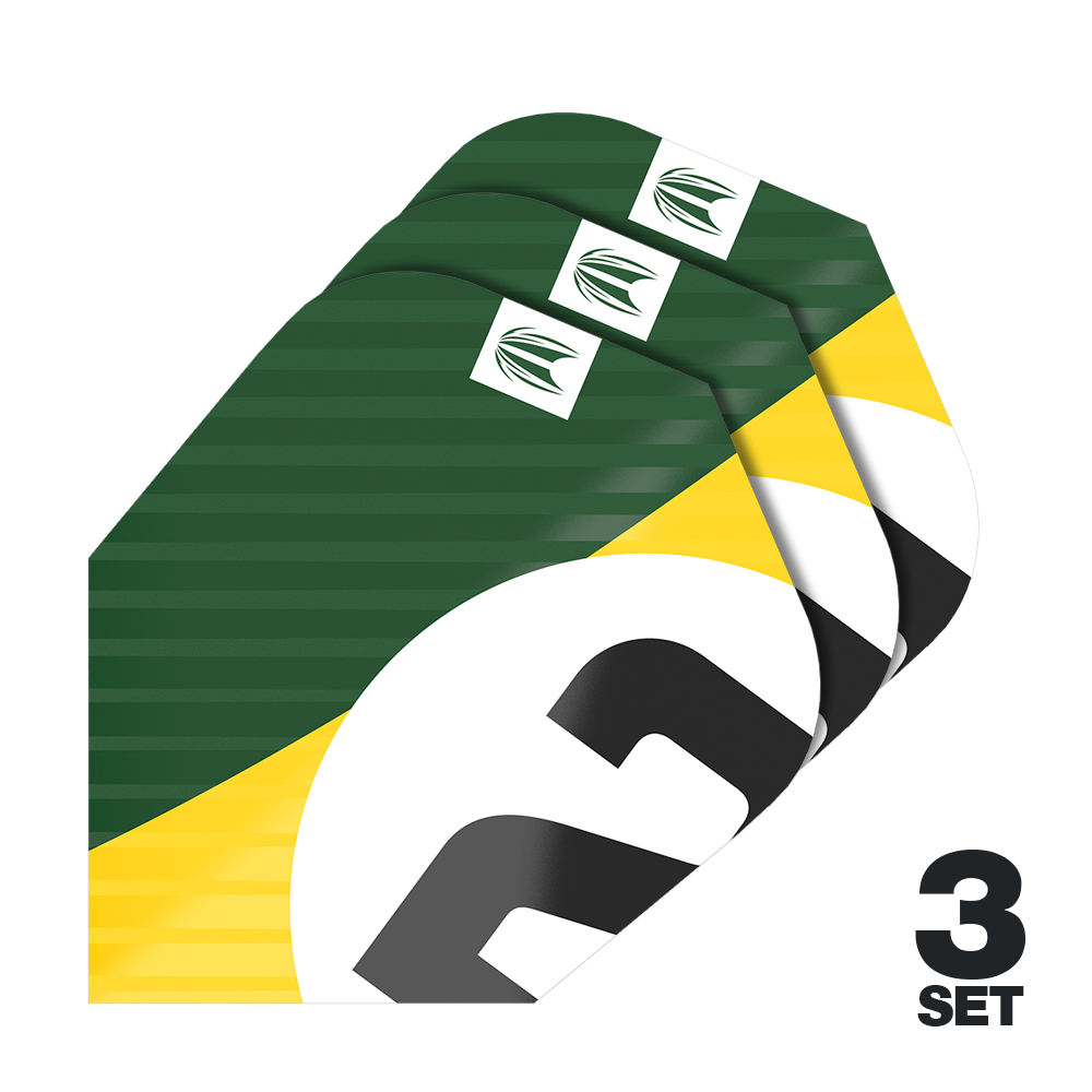Target Pro Ultra Chicane Green Ten-X Flights - 3 Sets Das Bild zeigt drei Dart-Flights im grünen, gelben und weißen Design. Unten rechts steht "3 SET", was auf drei Sets hinweist.