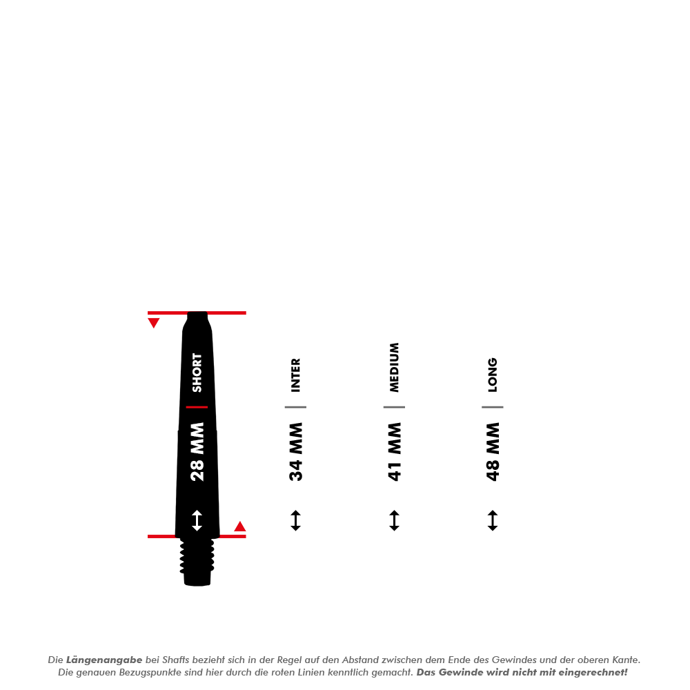 Das Bild zeigt die McDart Scope Nylon Shafts in verschiedenen Längen. Die verfügbaren Längen sind 28 mm (Short), 34 mm (Inter), 41 mm (Medium) und 48 mm (Long).