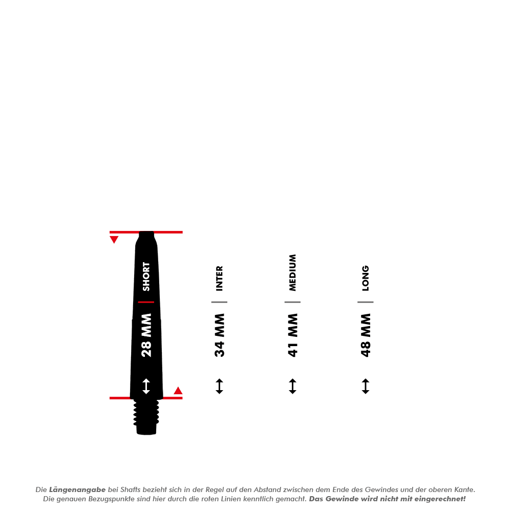 _McDart_Scope_Nylon_Shafts_5_28mm Das Bild zeigt die McDart Scope Nylon Shafts in verschiedenen Längen. Die verfügbaren Längen sind 28 mm (Short), 34 mm (Inter), 41 mm (Medium) und 48 mm (Long).