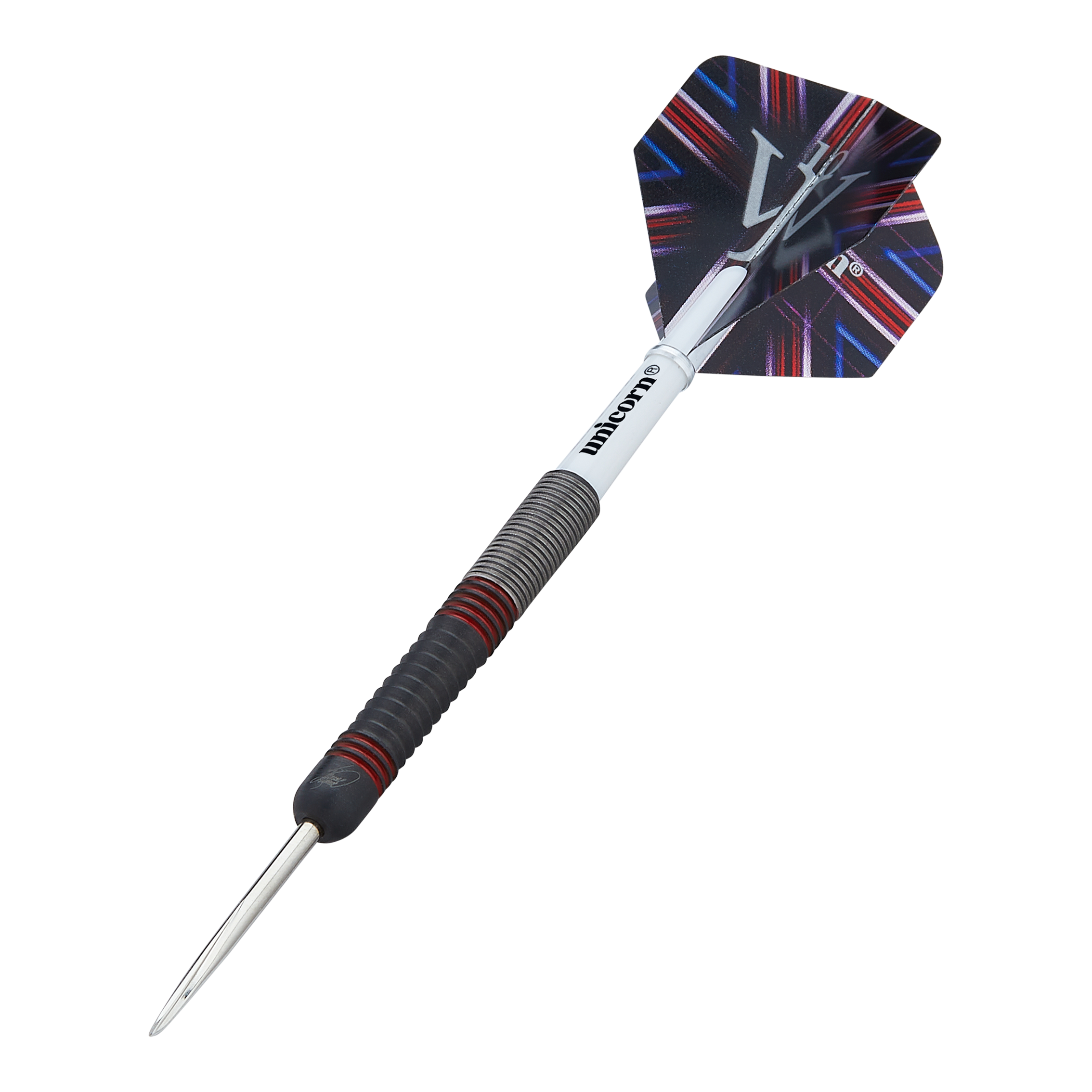 Das Bild zeigt einen Steeldart namens "Unicorn The Machine James Wade 80%". Der Dart hat ein schwarz-rotes Griffstück und ein auffälliges Flight-Design.