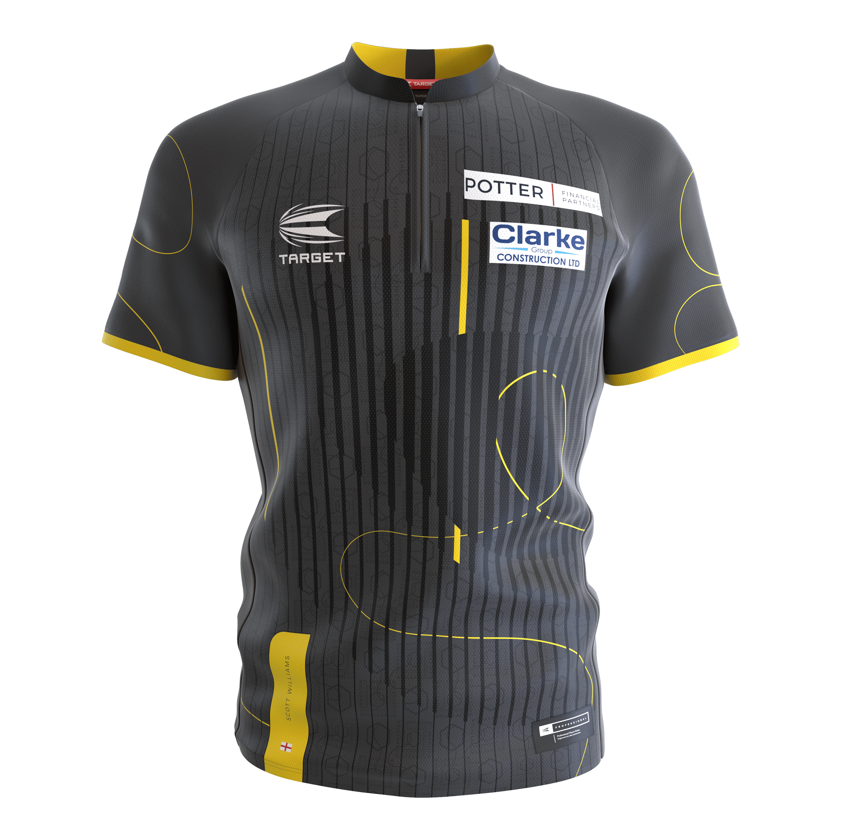 Target Coolplay Collarless Scott Williams dart shirt Das Bild zeigt ein kurzärmliges Dartshirt ohne Kragen in dunklem Grau mit gelben Akzenten. Auf dem Shirt befinden sich Sponsorenlogos sowie dezente Musterlinien.