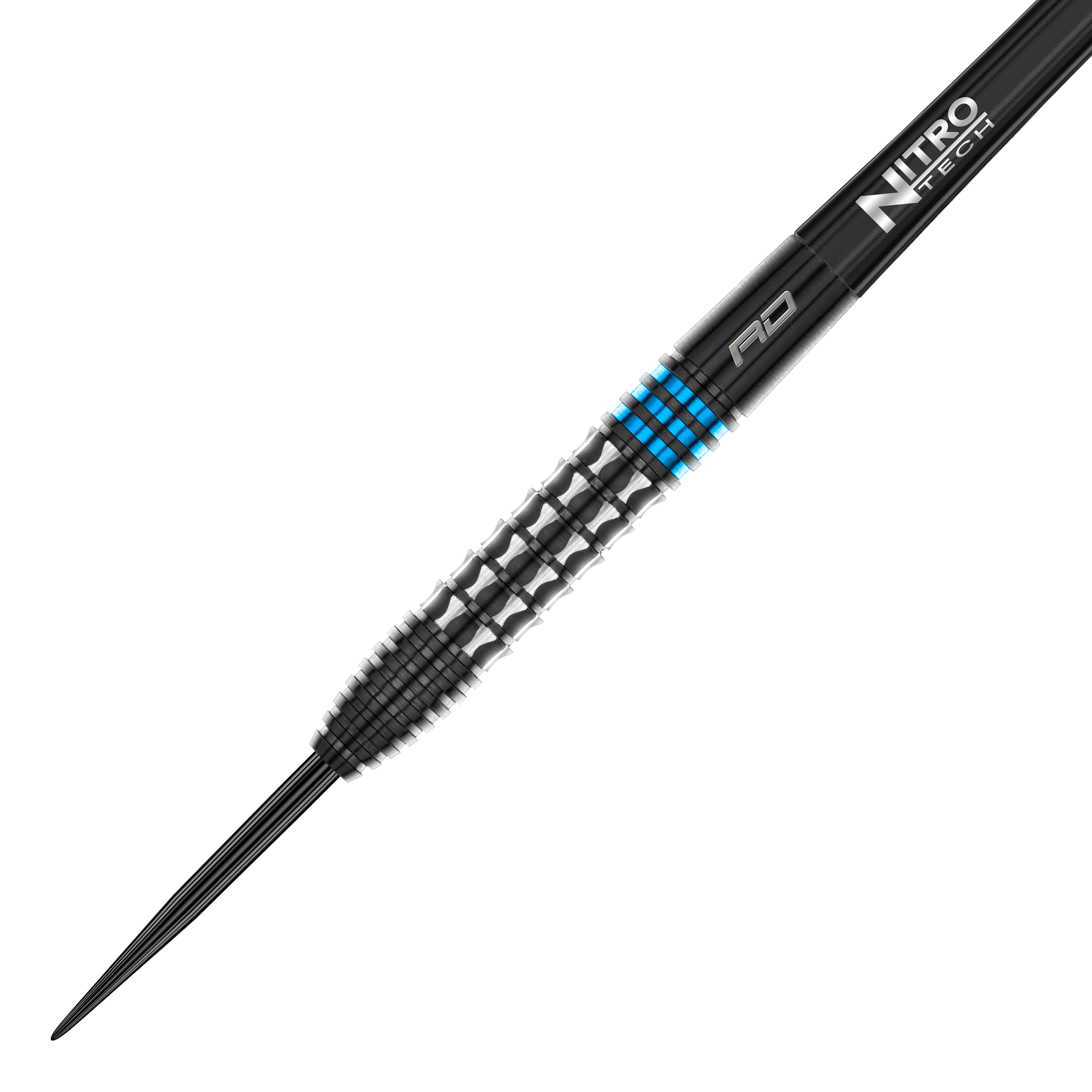 Das Bild zeigt einen Red Dragon Vengeance Blue Steeldart. Der Dartpfeil ist schwarz mit blauen Akzenten und hat eine strukturierte Griffoberfläche.