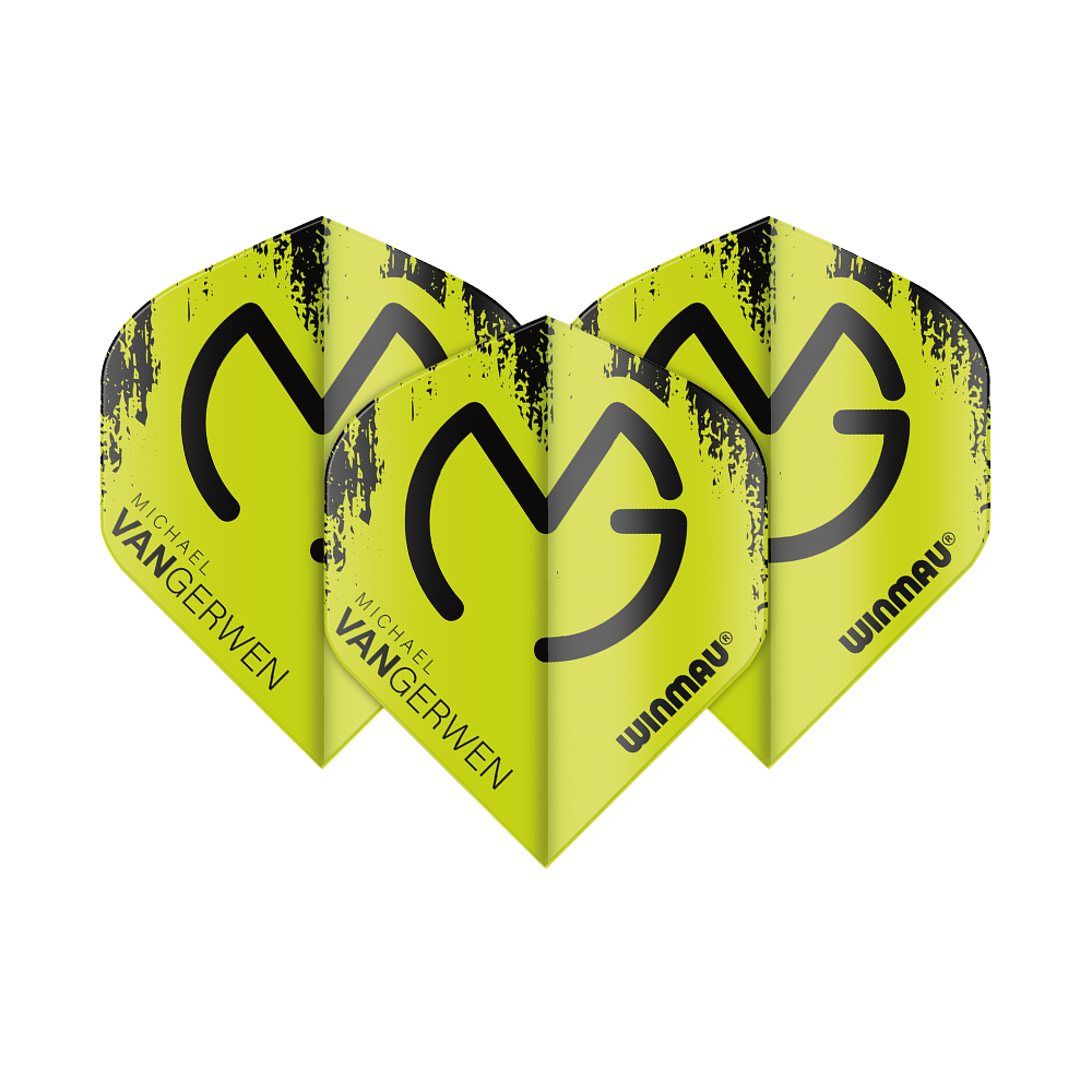 6900-232_Winmau_Mega_MvG_Black_Green_Standard_Flights_1HG5GO8oLmVFvp Das Bild zeigt vier gelb-grüne Winmau Mega MvG Black Green Standard Flights für Dartpfeile. Auf den Flights stehen die Namen „Michael Van Gerwen“ und „Winmau“.
