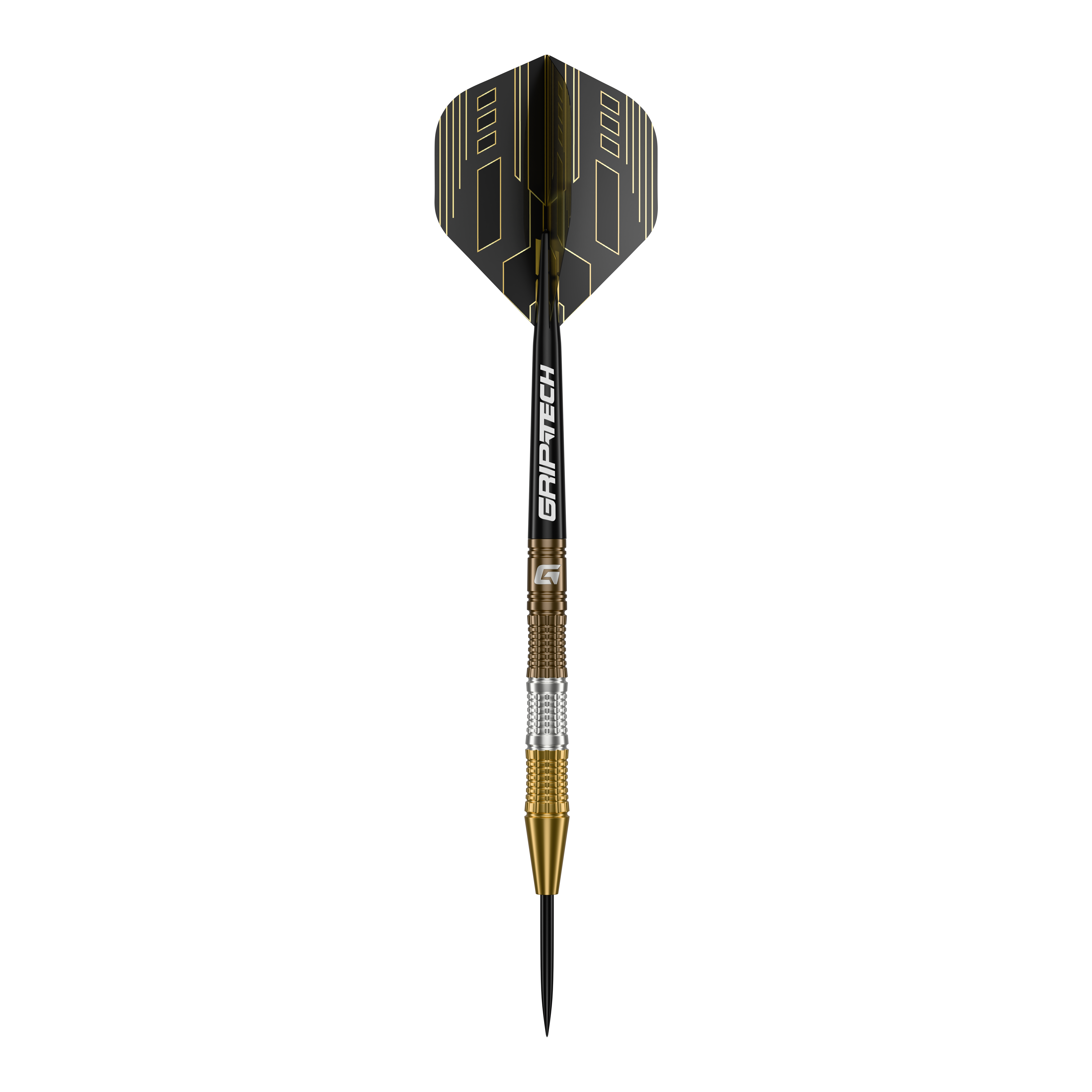 GOAT Ceremony Tungsten Steel Darts Das Bild zeigt einen GOAT Ceremony Tungsten Steeldart mit einem eleganten Design in Gold, Silber und Schwarz. Auf dem Schaft steht der Schriftzug "GRIP-TECH".