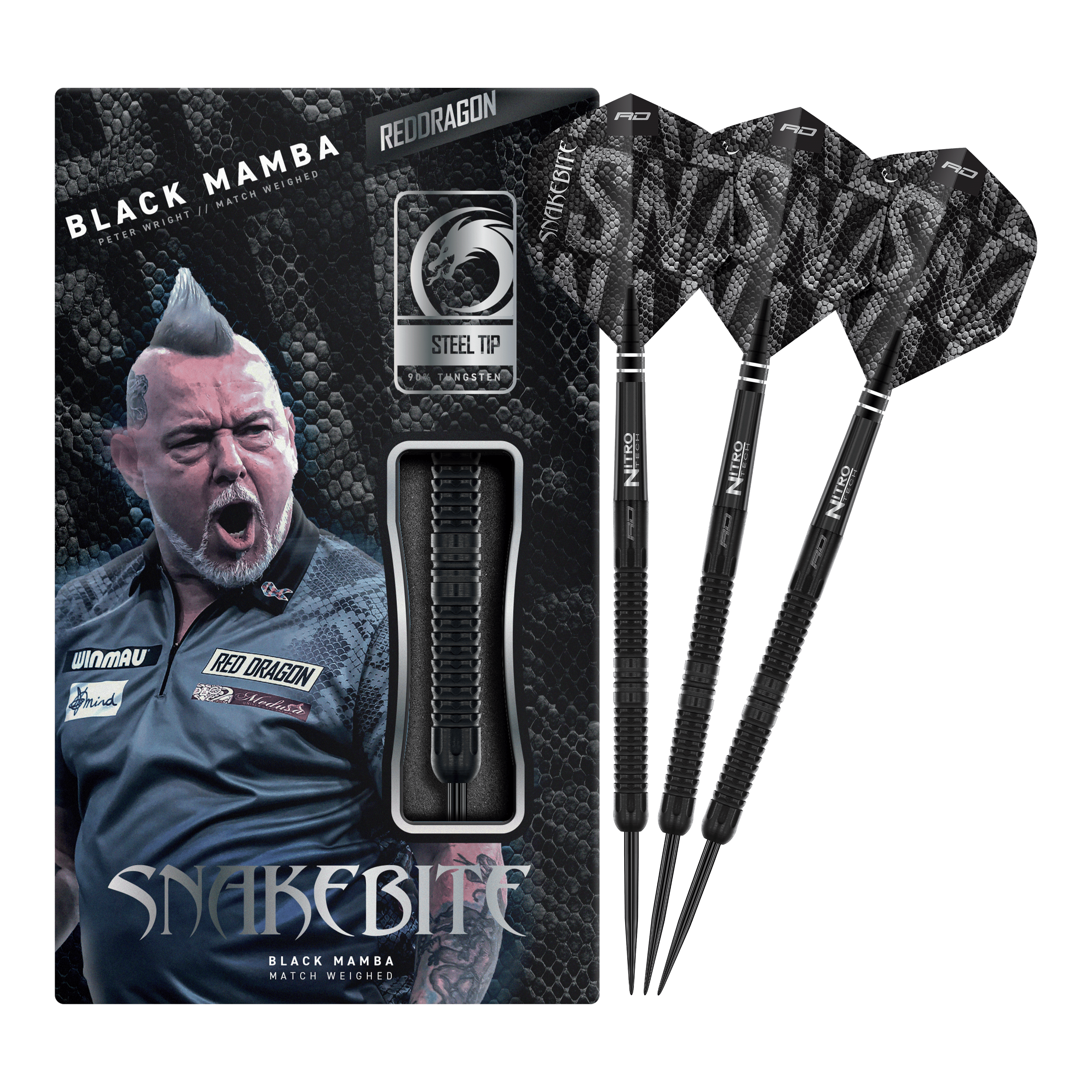 Abgebildet ist der Red Dragon Peter Wright Snakebite Black Mamba Steeldart. Das Produkt zeichnet sich durch sein schwarzes Design und hochwertige Verarbeitung aus.