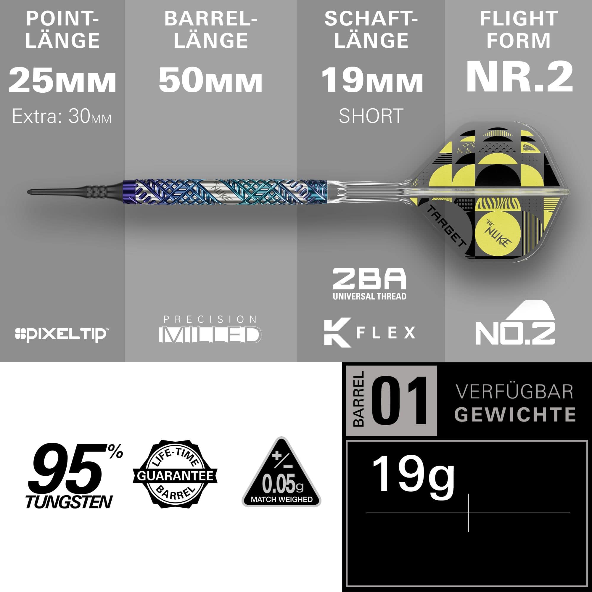 Target Luke Littler Edge Soft Darts - 19g Abgebildet sind die Target Luke Littler Edge Softdarts - 19g. Die Darts liegen auf einer glatten Oberfläche und sind aus der Nähe zu sehen.