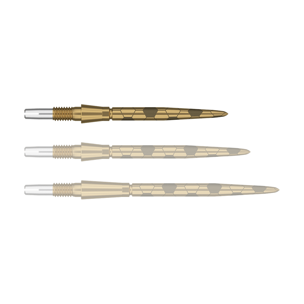 Target Swiss Storm Onyx Point Dart Tips - Gold Das Bild zeigt drei goldfarbene Dartspitzen mit sechseckigen Mustern. Sie liegen nebeneinander und sind in unterschiedlichen Perspektiven dargestellt.