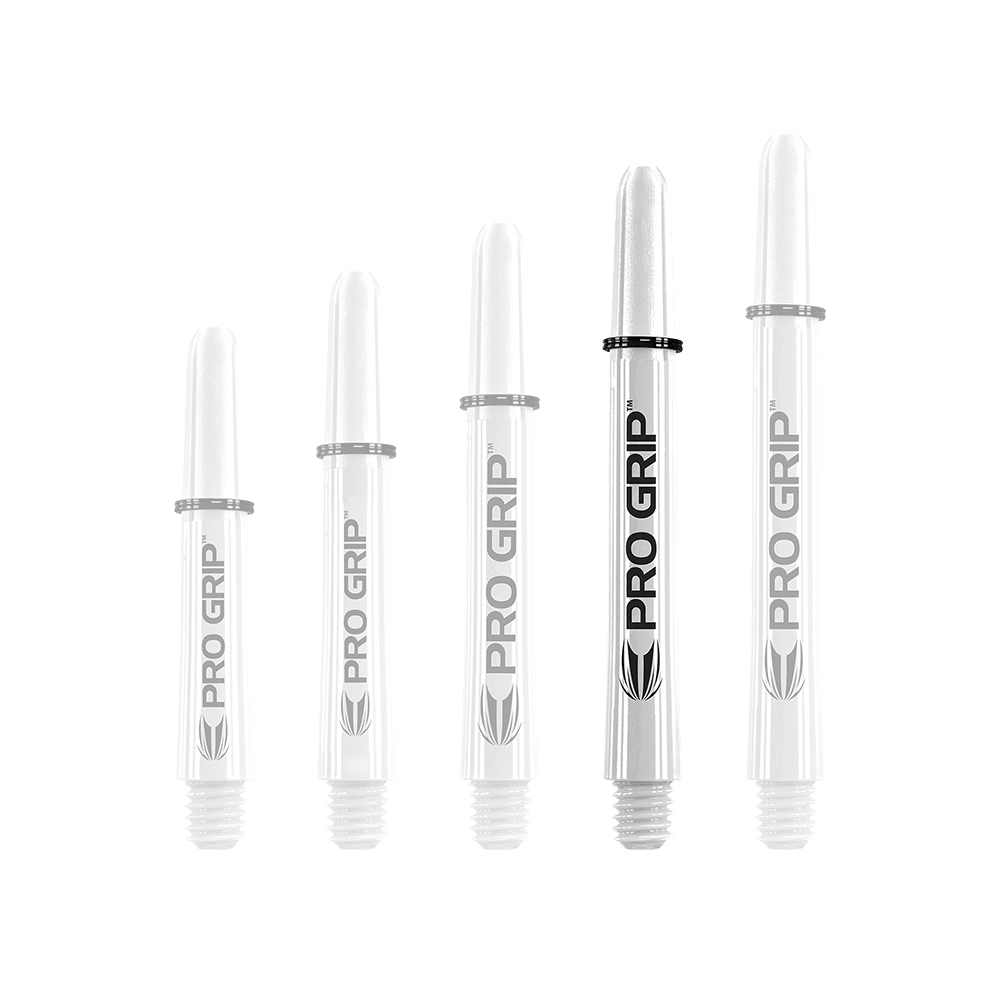 Target Pro Grip Shafts - 3 Sets - White Auf dem Bild sind fünf weiße Pro Grip Shafts für Dartpfeile in unterschiedlicher Länge zu sehen. Sie sind mit dem Schriftzug "PRO GRIP" und einem schwarzen Ring versehen.