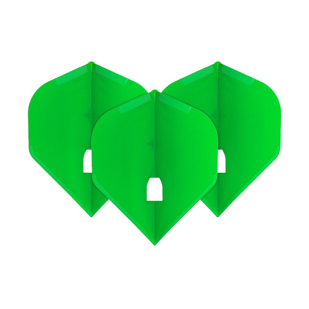Auf dem Bild sind drei grüne Dartflights zu sehen, die nebeneinander angeordnet sind. Sie haben eine klassische, symmetrische Form und sind leuchtend grün.