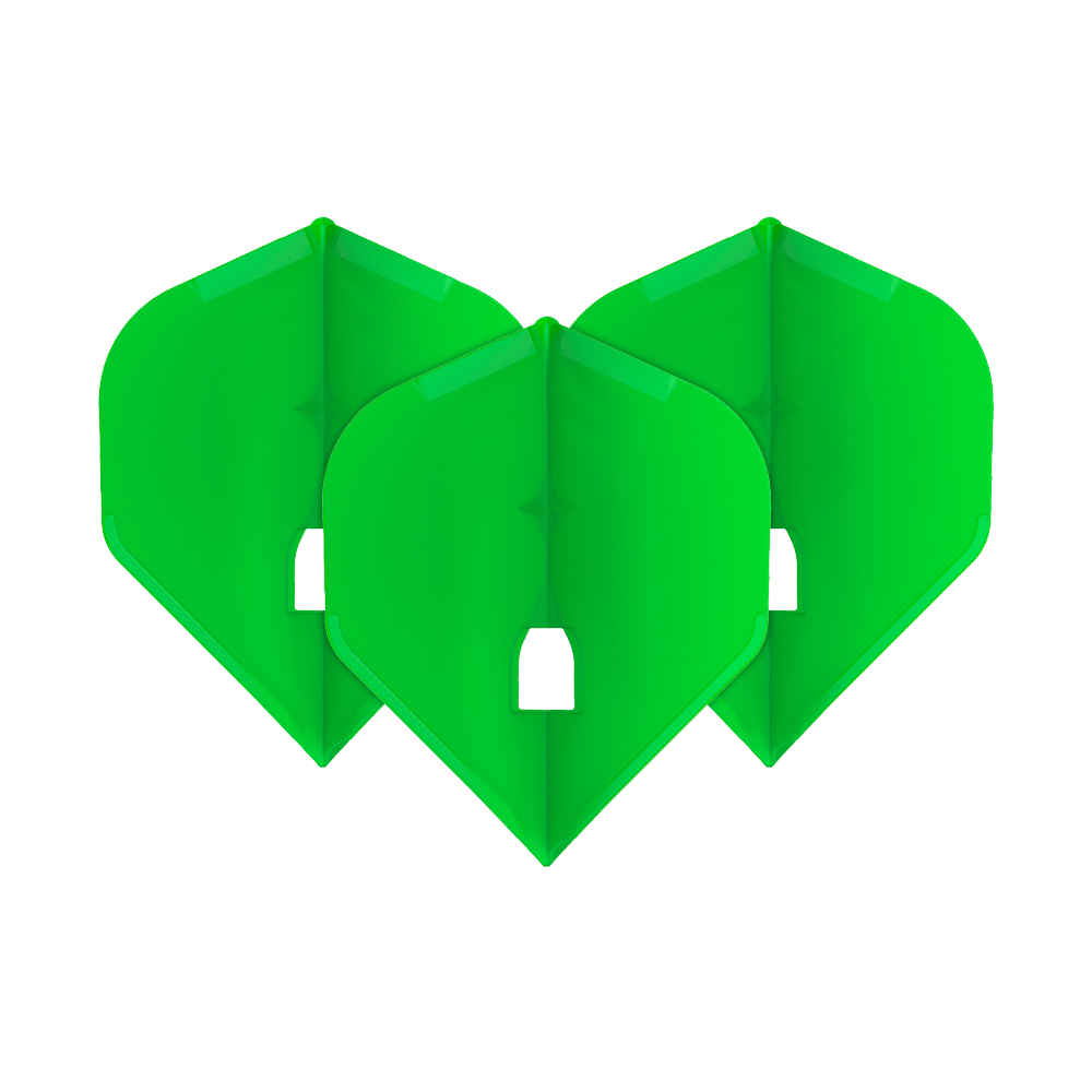 L-Style Champagne L1PRO Flights Auf dem Bild sind drei grüne Dartflights zu sehen, die nebeneinander angeordnet sind. Sie haben eine klassische, symmetrische Form und sind leuchtend grün.
