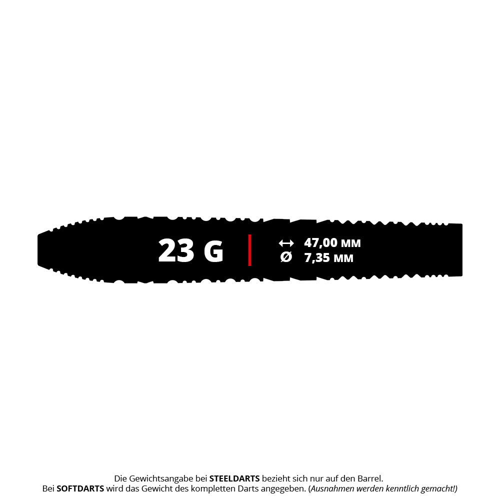 Target Japan Hot Shot GEN2 steel darts - 23g Das Bild zeigt das Produkt "Target Japan Hot Shot GEN2 Steeldarts - 23g". Der Dartpfeil wiegt 23 Gramm, ist 47,00 mm lang und hat einen Durchmesser von 7,35 mm.