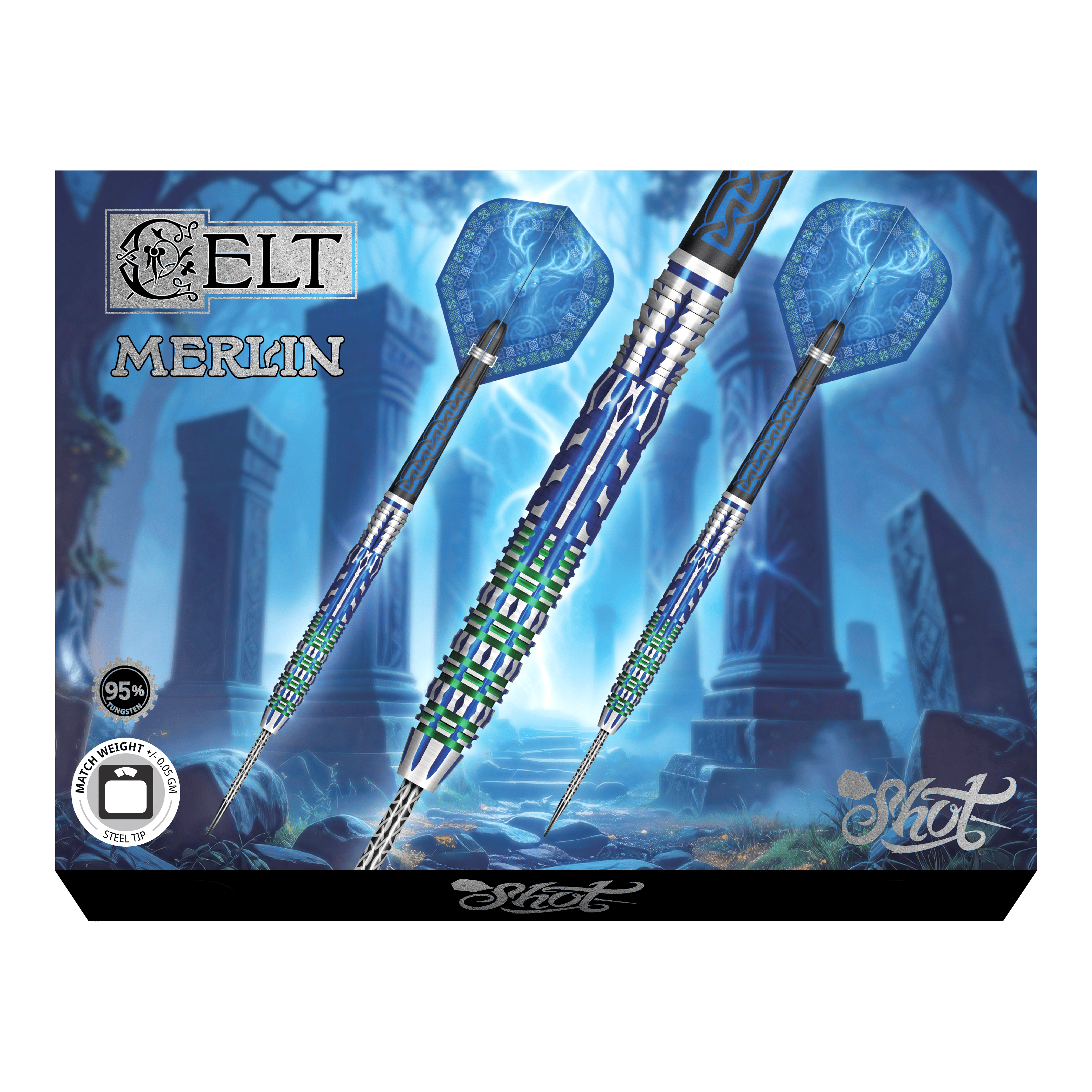 Shot Celt Merlin steel darts Das Foto zeigt die Shot Celt Merlin Steeldarts aus einer anderen Perspektive. Sie sind aus hochwertigem Material gefertigt.