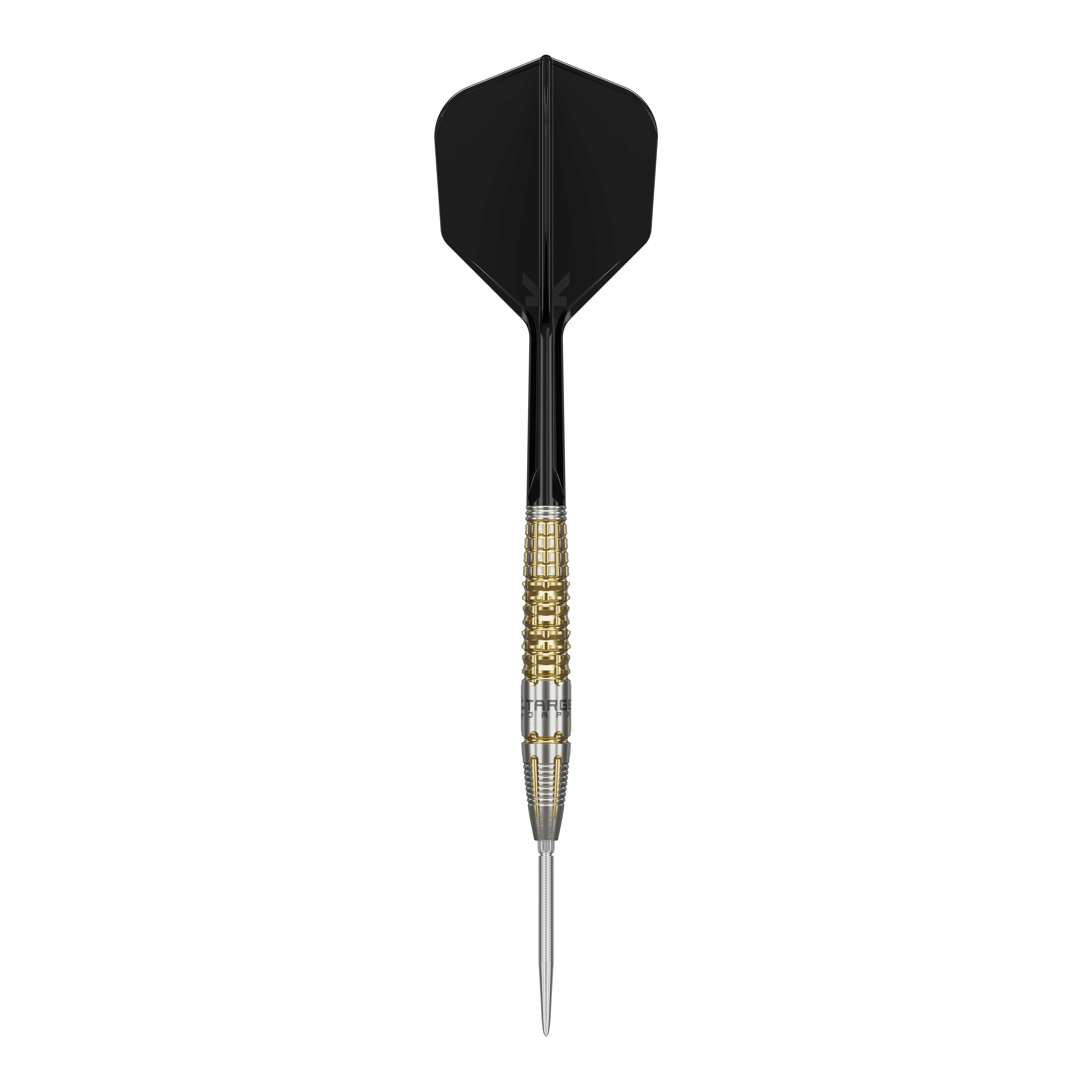Target Black Marque Warrior Swiss Point Steel Darts Das Bild zeigt einen Target Black Marque Warrior Swiss Point Steeldart. Der Dart hat eine schwarze Flight, einen gold-silbernen Griffbereich und eine spitze Stahlspitze.