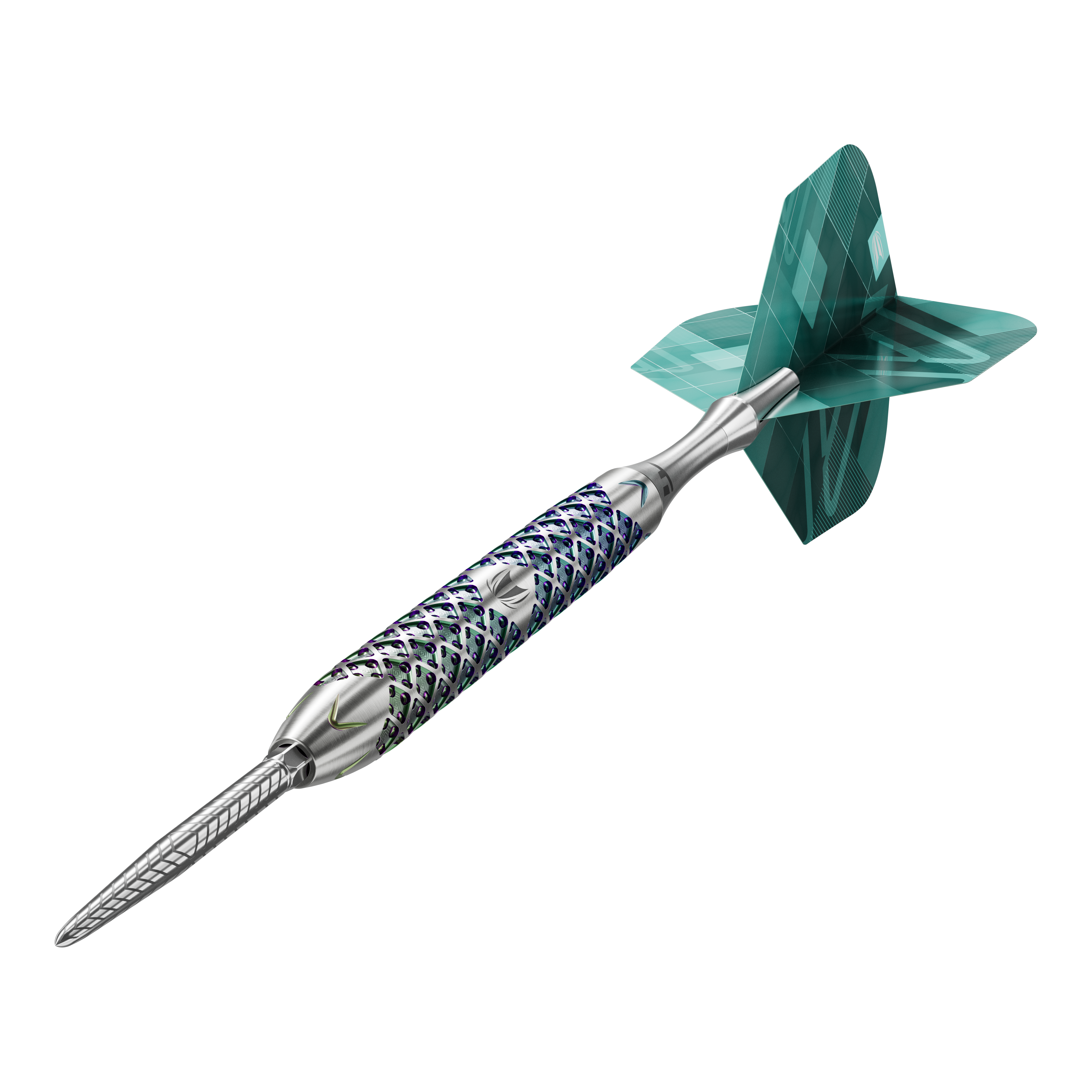 Target Rove 01 Swiss Point steel darts Das Bild zeigt einen Target Rove 01 Swiss Point Steeldart mit silbernem Schaft und blau-grünen Akzenten. Am hinteren Ende befindet sich eine grün gemusterte Dartflügel.