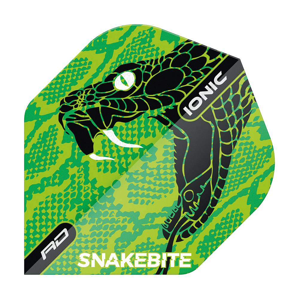 TF6571_Red_Dragon_Hardcore_Ionic_Snakebite_Green_Head_Standard_Flights_1lSzjfFhy26jHO Das Bild zeigt das Produkt "Red Dragon Hardcore Ionic Snakebite Green Head Standard Flights". Auf dem Flight ist ein grüner Schlangenkopf mit hervorgehobenen weißen Reißzähnen abgebildet, dazu stehen die Wörter "IONIC" und "SNAKEBITE".