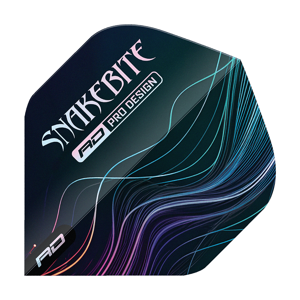 Red Dragon Hardcore Peter Wright Multi No2 Standard Flights Das Bild zeigt ein Dart-Flight mit dem Aufdruck "SNAKEBITE" und "RD PRO DESIGN". Auf dem Flight sind bunte Linien auf dunklem Hintergrund zu sehen.