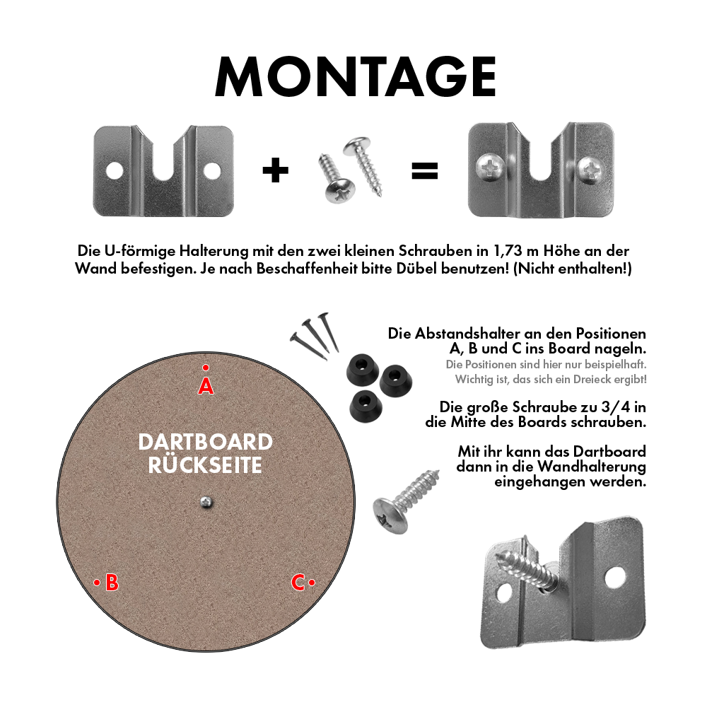 666_Steeldartboard_Wandhalterung_2Ds8lXgAHt5RyR Das Bild zeigt eine Wandhalterung für ein Steeldartboard mit den dazugehörigen Schrauben und Befestigungsteilen. Es wird dargestellt, wie die Halterung an der Wand und am Dartboard montiert wird.