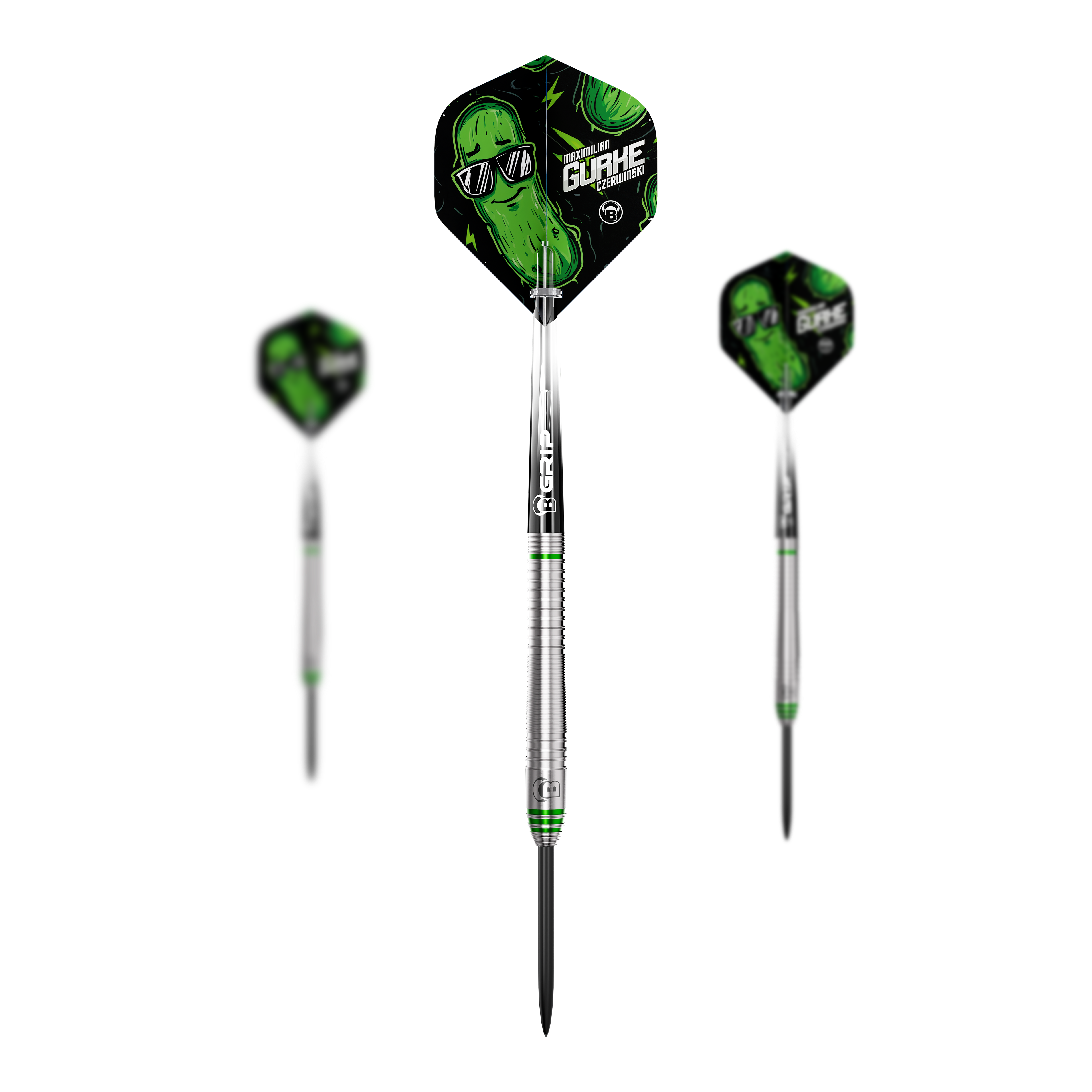 Bulls Max Czerwinski Gurke Steeldarts mit 23 Gramm Gewicht als Set. Auf dem Bild ist das gesamte Set zu sehen.