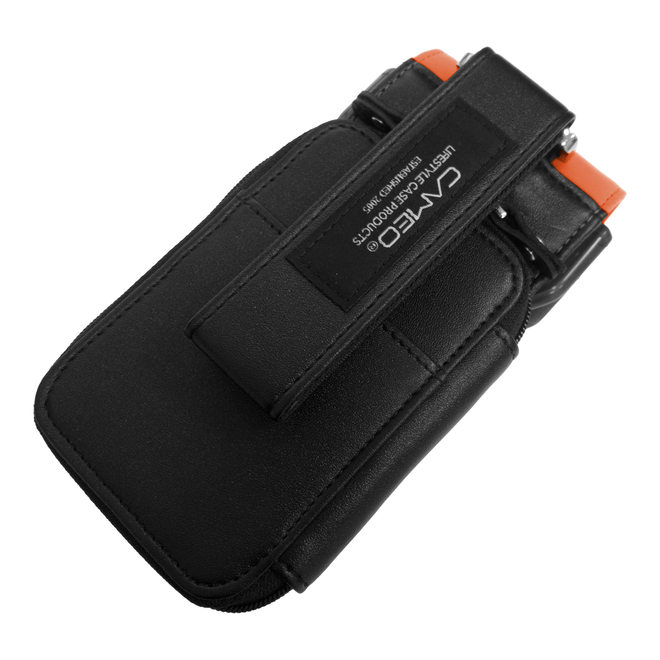 Cameo Garment 2.5 Dart Case Dies ist ein schwarzes Dart-Etui mit orangefarbenen Akzenten. Auf der Vorderseite befindet sich ein Aufnäher mit dem Markennamen "CAMEO".