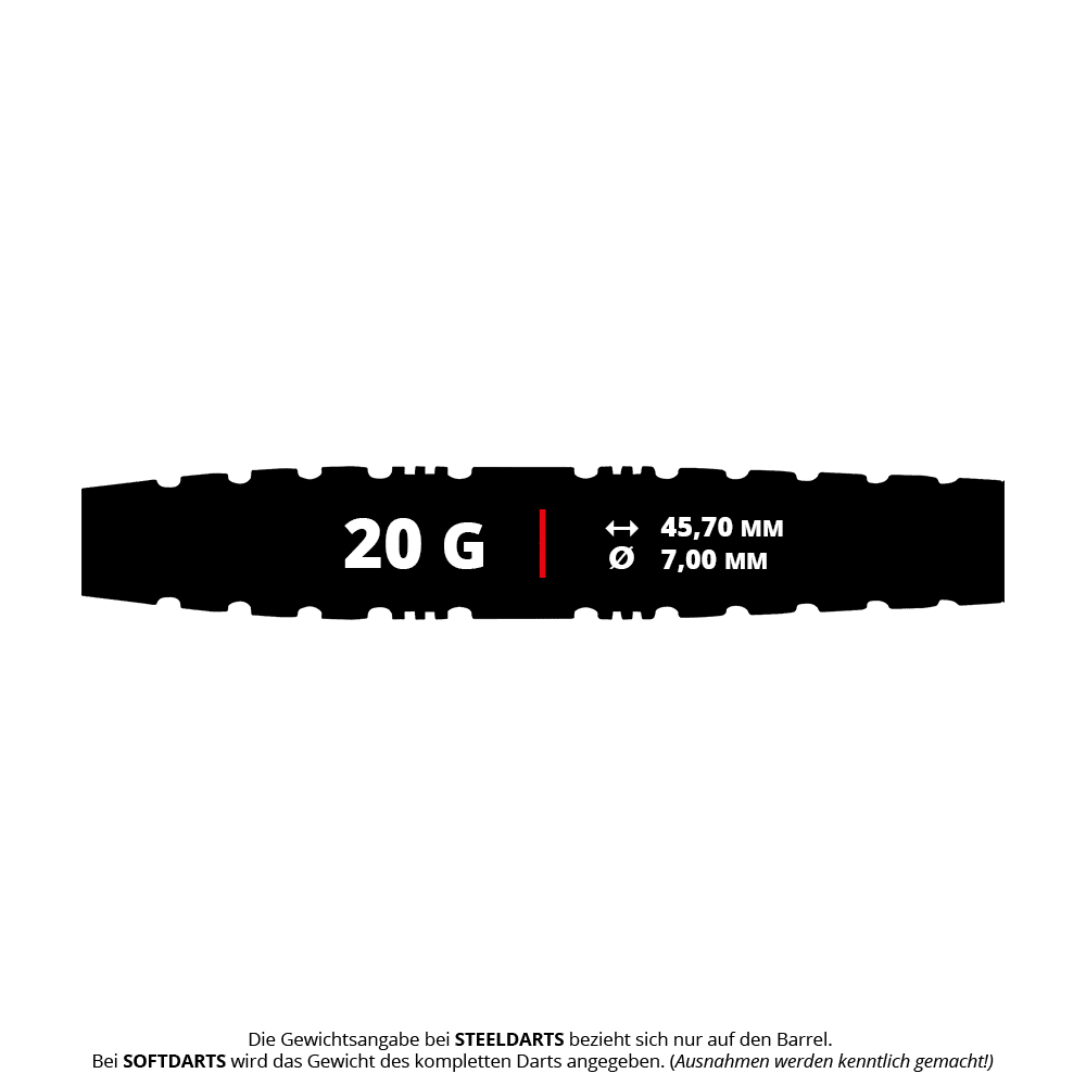 Red Dragon Paradym Torpedo Soft Darts - 20g Das Bild zeigt einen Red Dragon Paradym Torpedo Softdart mit einem Gewicht von 20 Gramm. Die Länge beträgt 45,70 mm und der Durchmesser 7,00 mm.