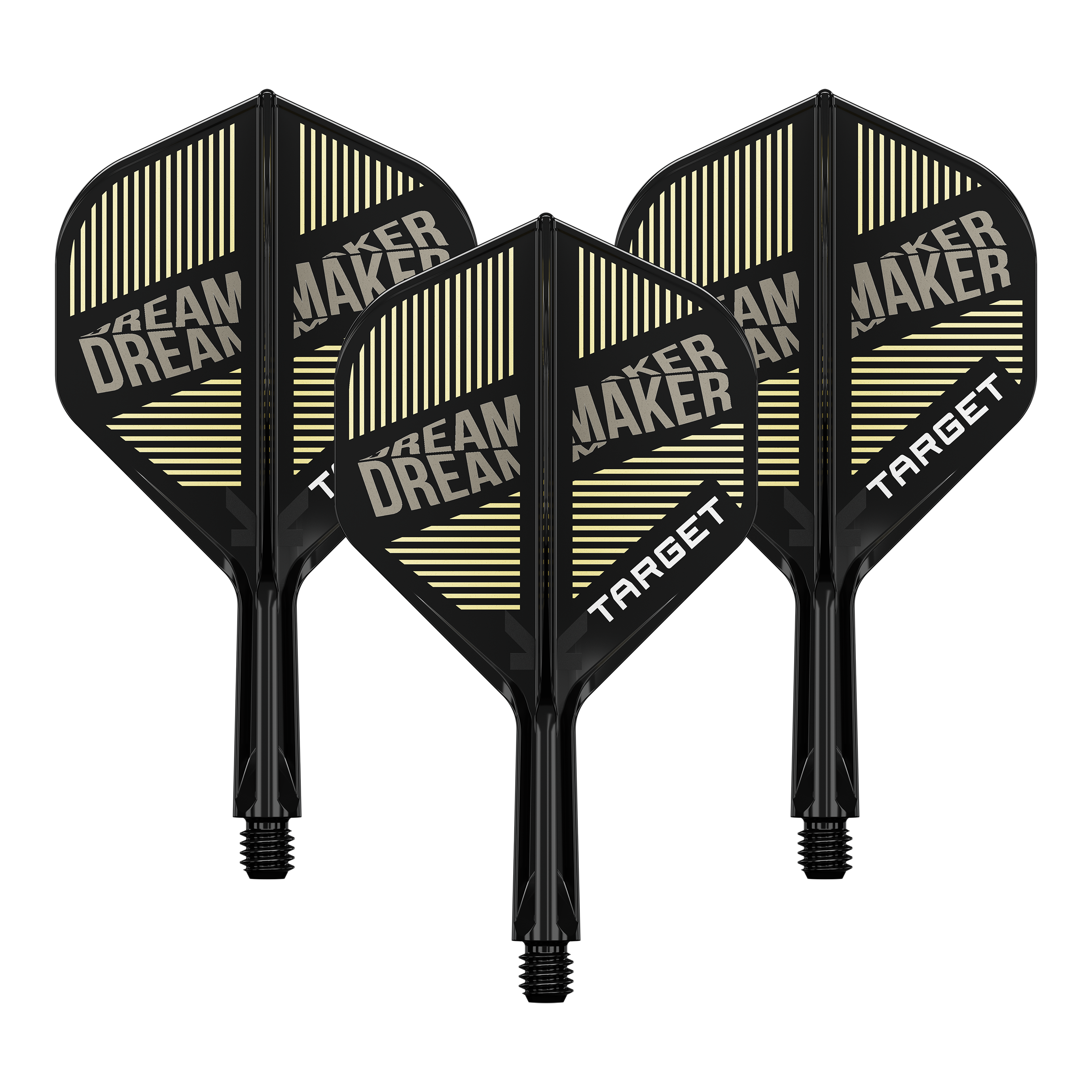 Target K-Flex Dimitri Van Den Bergh No2 Standard Flight Shaft System Auf dem Bild sind drei schwarze Dartflights mit integriertem Schaft zu sehen. Auf den Flights steht „DREAM MAKER“ und „TARGET“ in weißen Buchstaben.