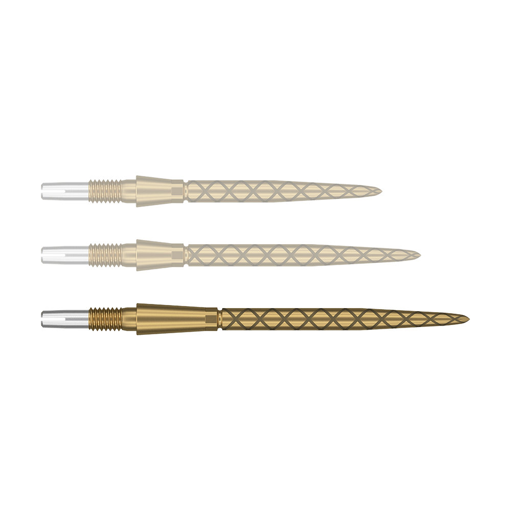 Target Swiss Storm Diamond Point Dart Tips - Gold Das Bild zeigt drei goldfarbene Dartspitzen mit einem rautenförmigen Muster. Die Enden der Spitzen sind silbern und haben ein Gewinde zum Befestigen.