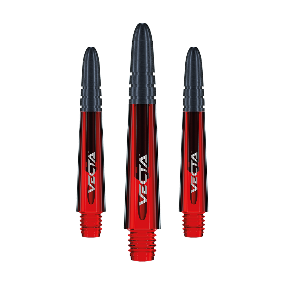 7025-103_Winmau_Vecta_Shafts_Rot_34mm_1 Das Bild zeigt drei Winmau Vecta Shafts in der Farbe Rot. Die Dartschäfte haben einen rot-schwarzen Farbverlauf und das Vecta-Logo ist darauf zu sehen.