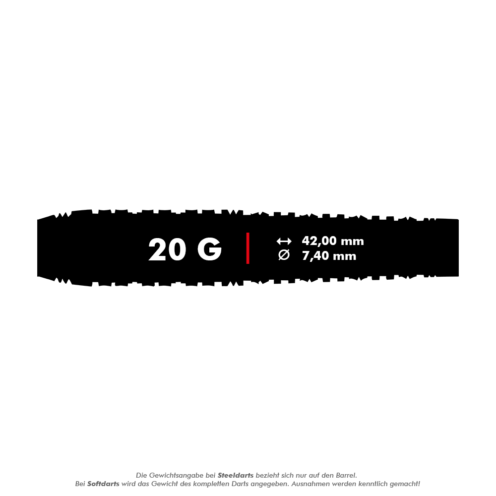 Shot Redline Mach 1 soft darts - 20g Das Bild zeigt die Produktinformationen für die Shot Redline Mach 1 Softdarts mit einem Gewicht von 20 Gramm. Die Darts haben eine Länge von 42,00 mm und einen Durchmesser von 7,40 mm.