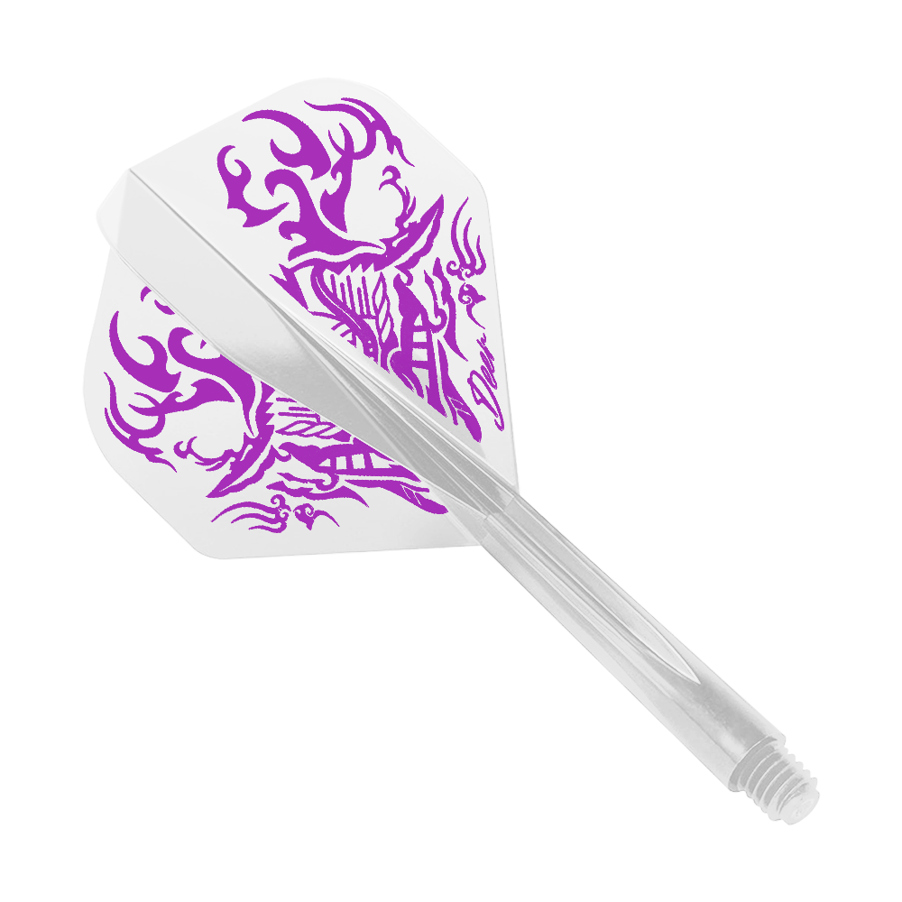 Condor AX Deer Clear Flight System Standard Das Bild zeigt das Produkt "Condor AXE Deer Clear Flight-System Standard". Es handelt sich um einen weißen Dartflight mit lila Hirsch-Design.