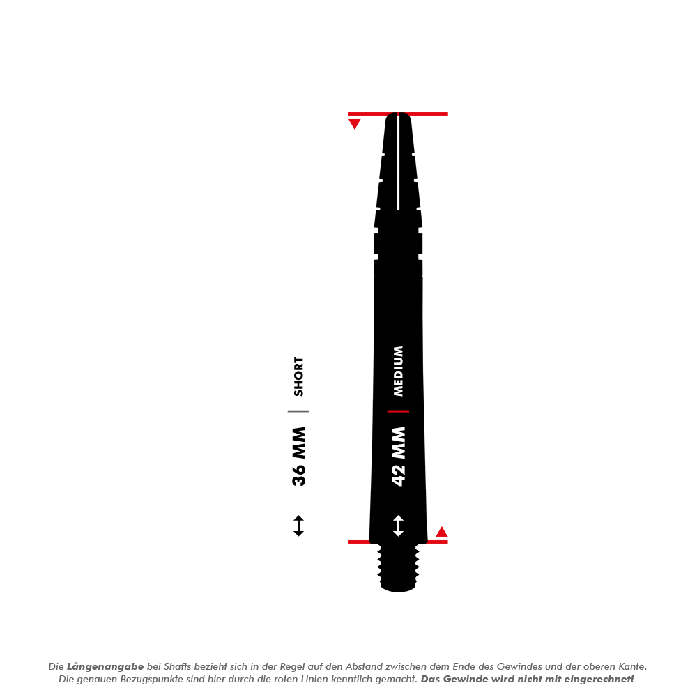 RDS440_Red_Dragon_Nitrotech_Shafts_5_42mm Das Bild zeigt die RedDragon Nitrotech Shafts in der Farbe Lila und vergleicht die Längen "Short" (36 mm) und "Medium" (42 mm). Die genauen Messpunkte werden durch rote Linien angezeigt, wobei das Gewinde nicht mit einberechnet wird.