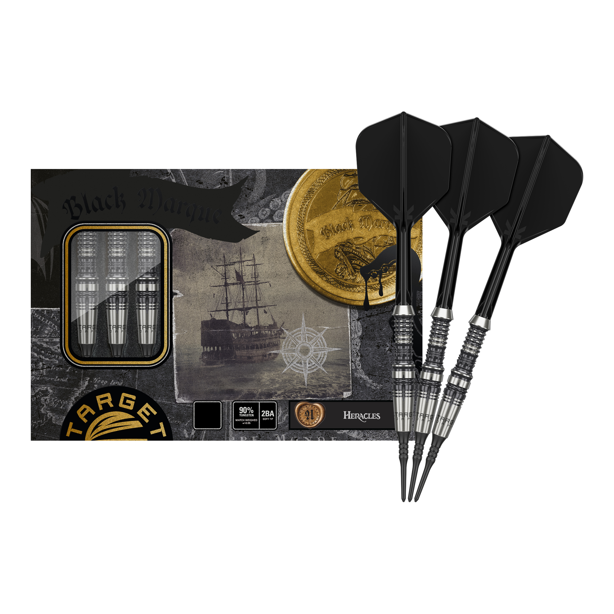 Target Japan Black Marque Heracles Soft Darts - 18g Das Bild zeigt das Produkt "Target Japan Black Marque Heracles Softdarts - 18g" mit drei schwarzen Softdarts. Die Verpackung ist mit maritimen Motiven und goldenen Details gestaltet.