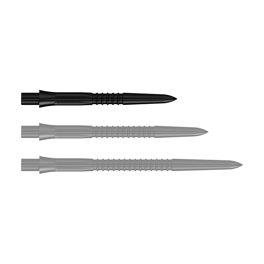 Schwarze Steeldartspitzen, 26 mm Länge, aus der Misson Caliburn EVO GV1 Serie. Die Aufnahme zeigt eine Detailansicht der Dartspitzen.