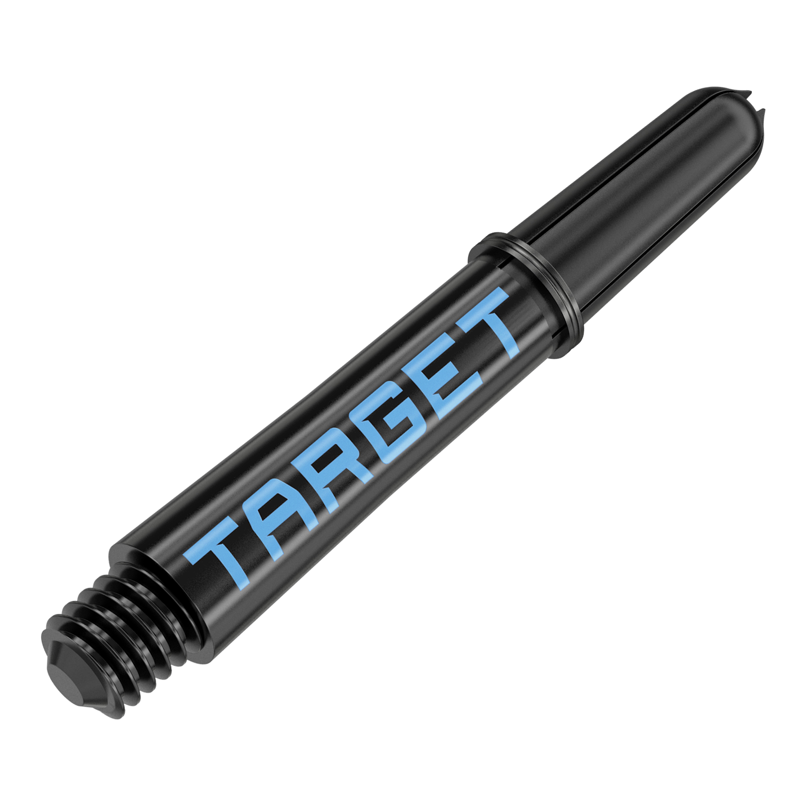 Target Pro Grip TAG Shafts - 3 Sets - Black Blue Dies ist ein schwarzer Dart-Schaft mit blauem Schriftzug „TARGET“. Er hat ein Schraubgewinde an einem Ende und eine glatte Oberfläche.