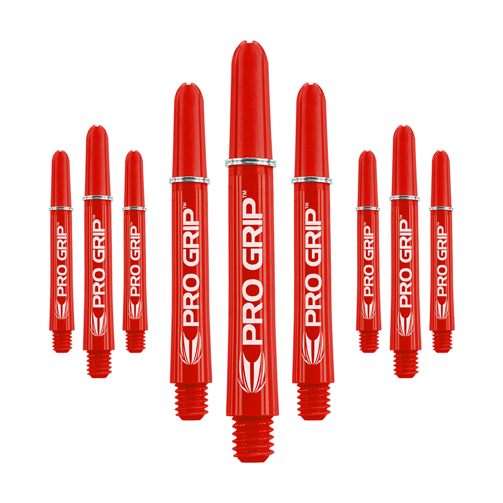 Target Pro Grip Shafts - 3 Sets - Red Das Bild zeigt mehrere rote Dartschäfte mit der Aufschrift "PRO GRIP". Die Schäfte sind in einer symmetrischen Anordnung dargestellt und heben sich deutlich vom Hintergrund ab.