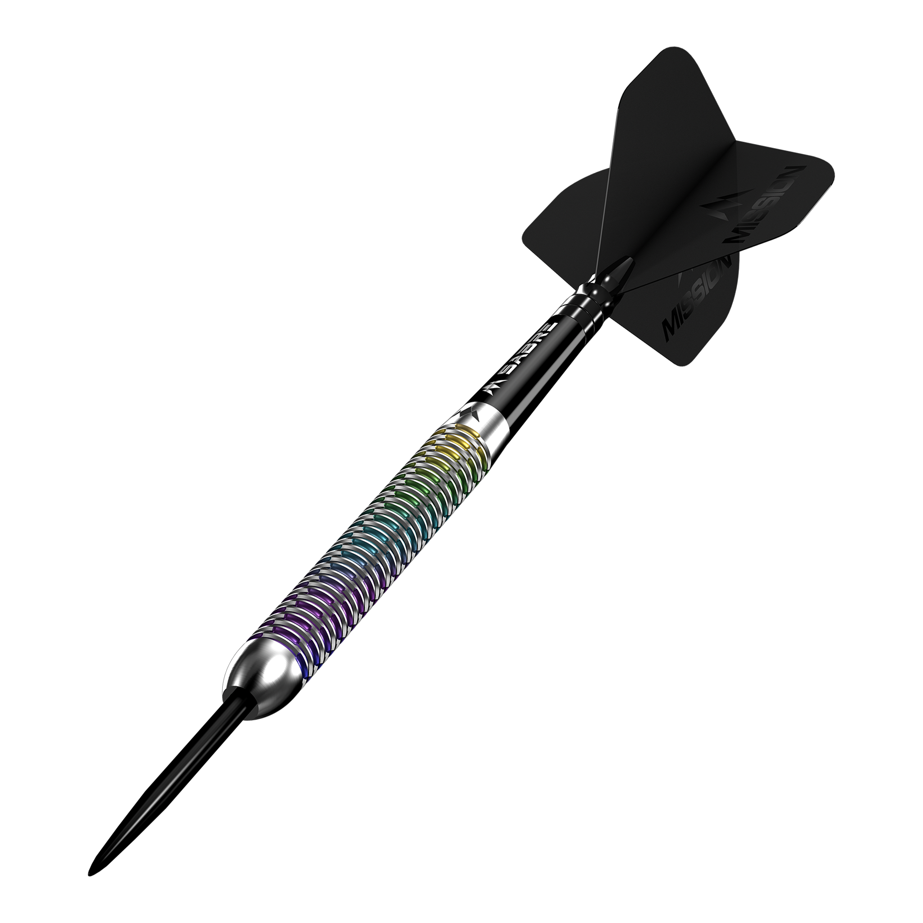 Abgebildet sind die Mission Kaleidos Steeldarts. Diese farbenfrohen Dartpfeile sind für den professionellen Einsatz geeignet.