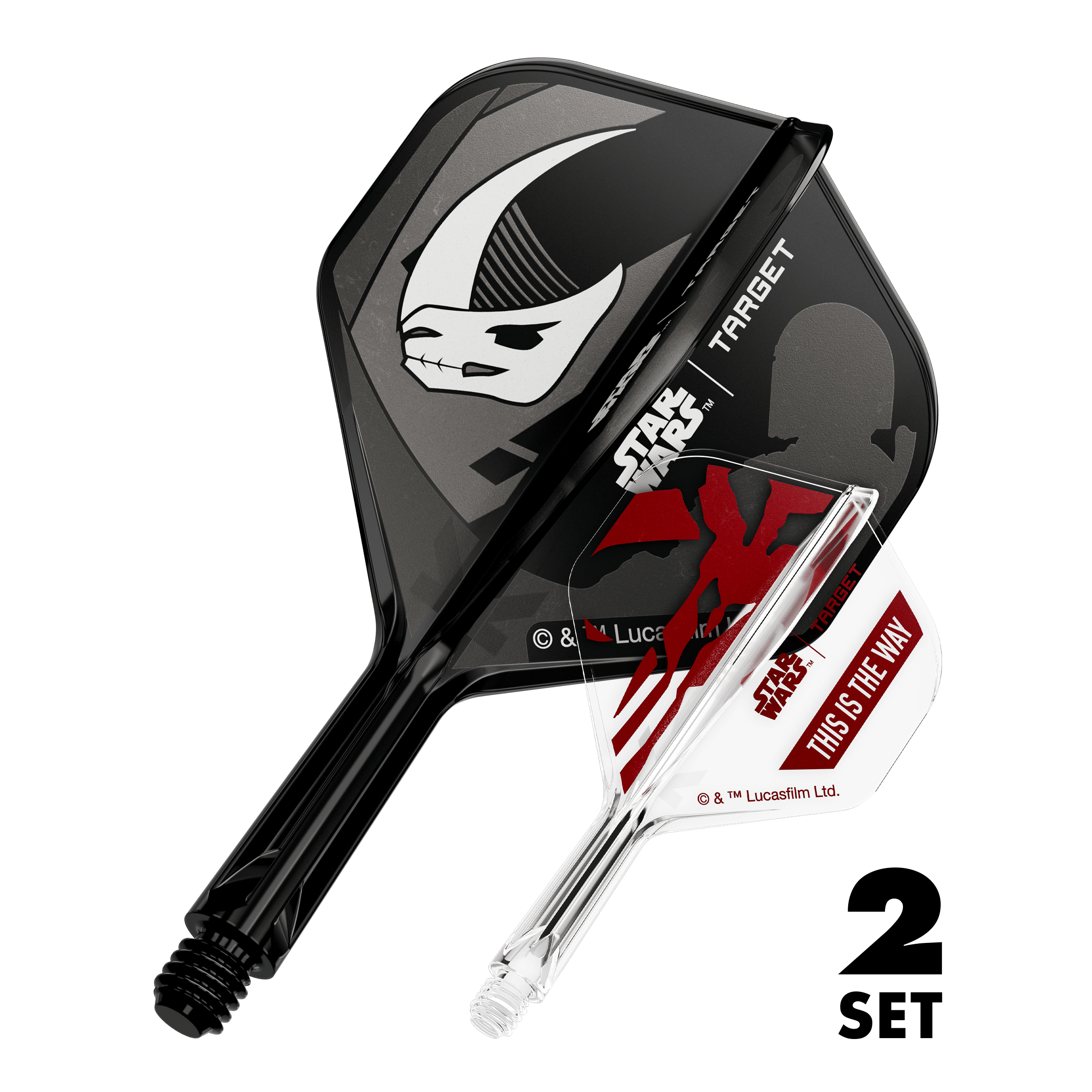 Target Star Wars K-Flex Set Mandalorian No2 Standard Flights Zu sehen sind zwei Dart-Flights im Mandalorianer-Design aus Star Wars. Dies ist das Set 'K-Flex Mandalorian 2PackSet No2 Standard Flights' mit 19mm.