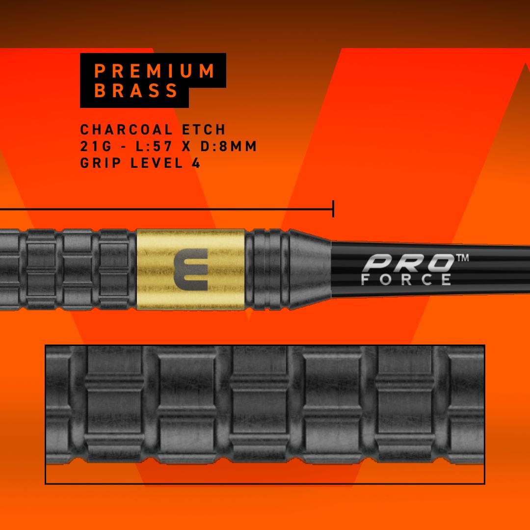 Winmau Gian Van Veen Core Brass Steeldarts - 21g Dieses Bild zeigt Winmau Gian Van Veen Core Brass Steeldarts mit einem Gewicht von 21 Gramm. Die Steeldarts werden aus einer nahen Perspektive fotografiert.