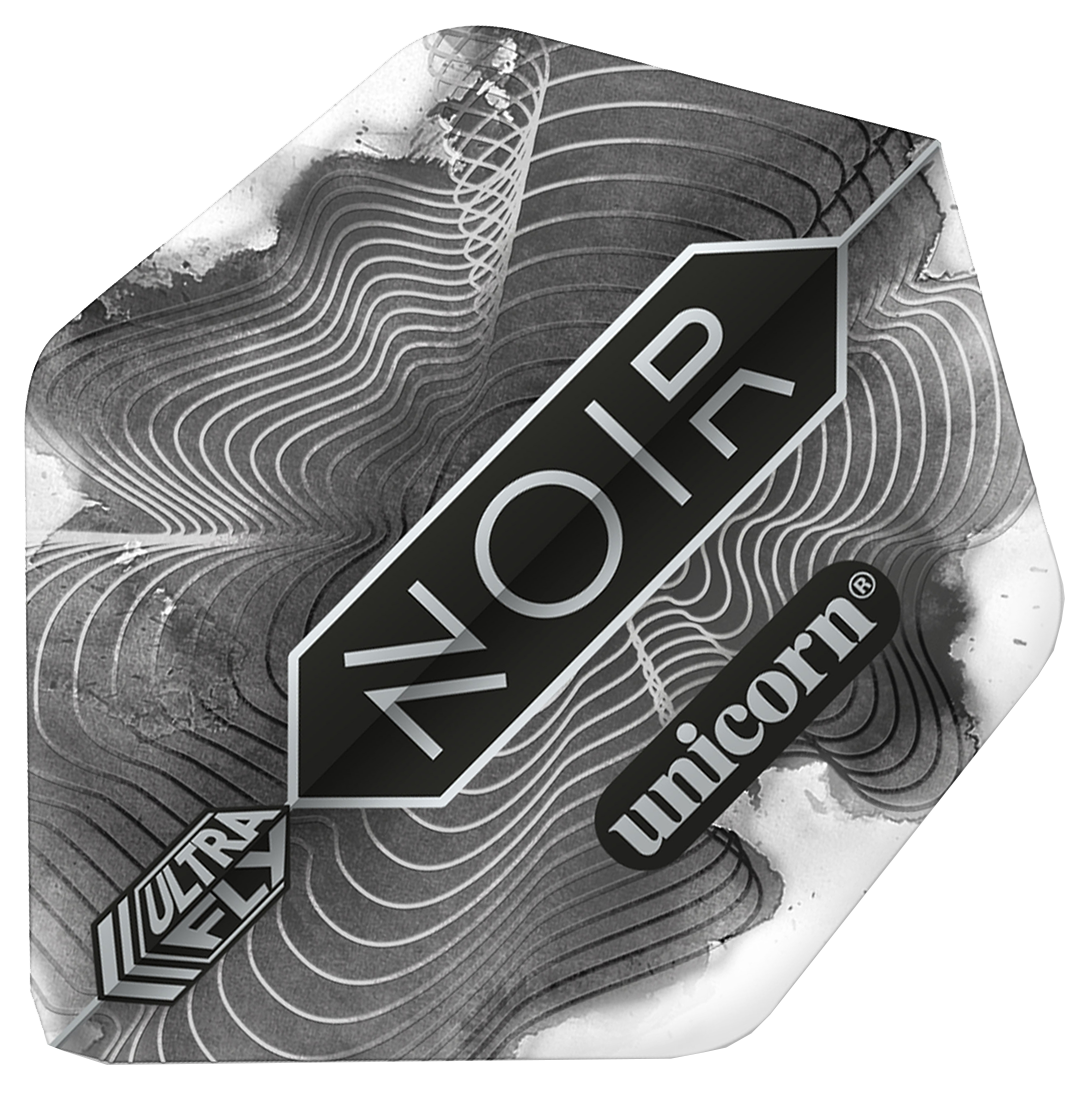 69007_p1 Das Bild zeigt ein Dart-Flight mit dem Namen "Unicorn Ultrafly 75 Ar2 Noir Organic Flights". Das Flight ist in Schwarz-Weiß gehalten und trägt die Aufschrift "NOIR" und "unicorn".