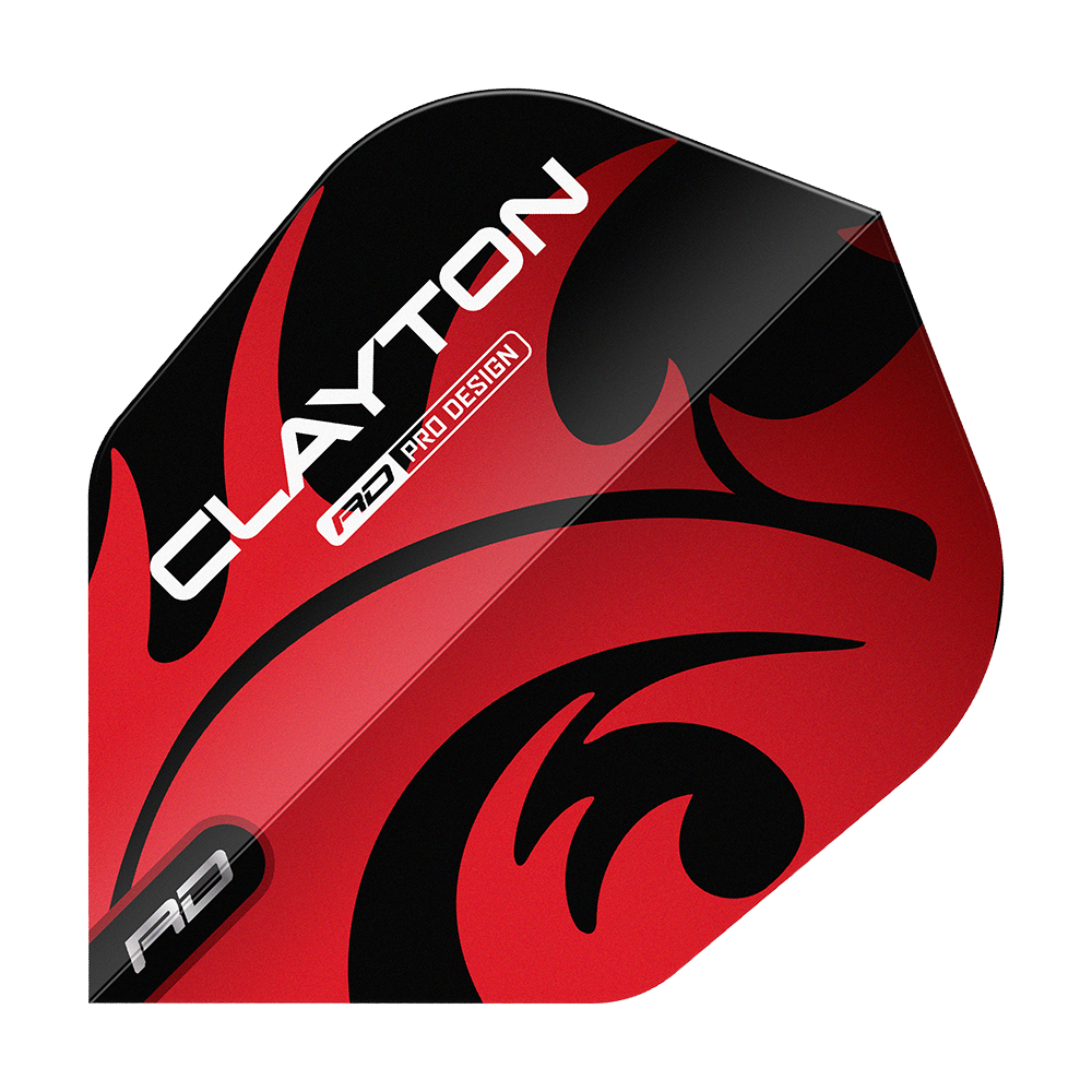 Red Dragon Jonny Clayton Red Black No6 Flights Das Bild zeigt ein Dartflight mit dem Namen "Red Dragon Jonny Clayton Red Black No6 Flights". Das Flight ist rot und schwarz gestaltet und trägt den Aufdruck "Clayton".