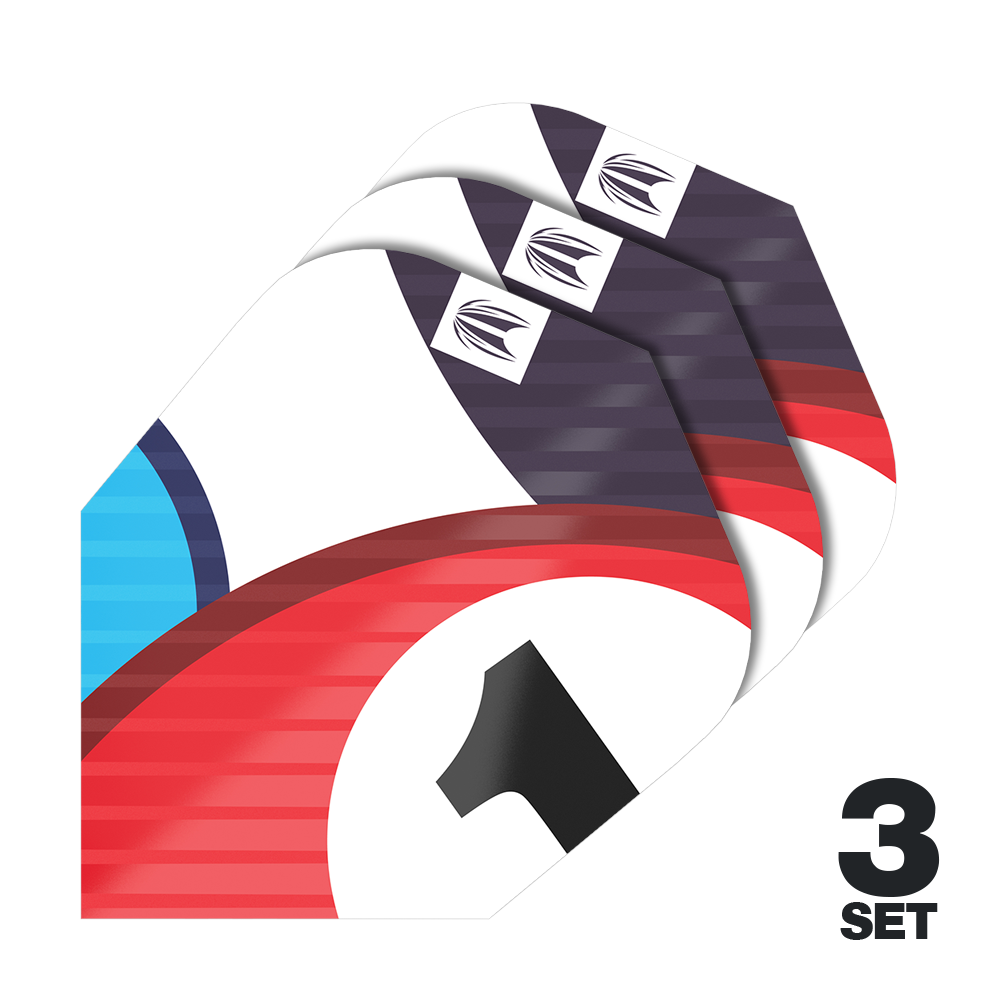 Target Pro Ultra Chicane Blue Ten-X Flights - 3 sets Das Bild zeigt drei Sets der Target Pro Ultra Chicane Blue Ten-X Flights. Die Flights haben ein farbenfrohes Design mit Rot, Blau, Weiß und Schwarz sowie einer Nummer 1.